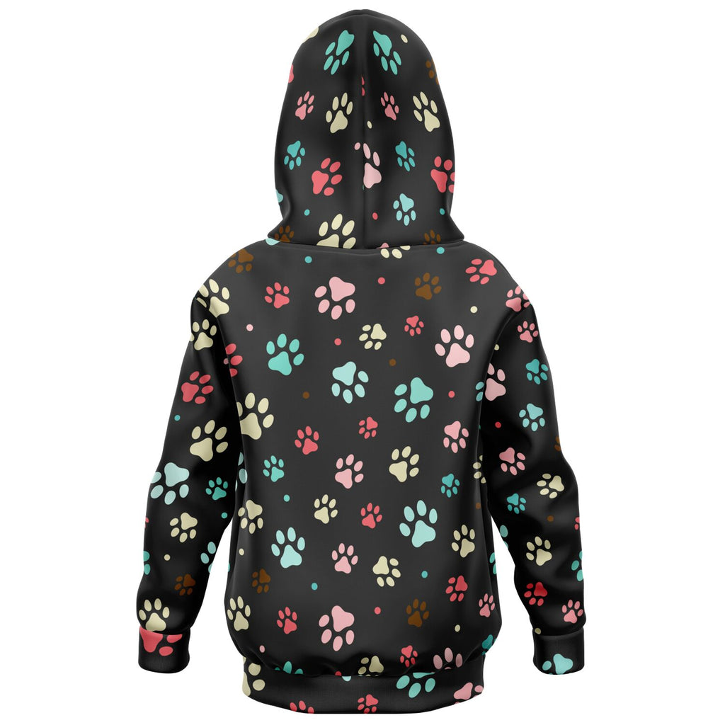 Kids paw print hoodie black cotton fleece with colorful pink teal cream and brown paw print pattern for cozy wear
