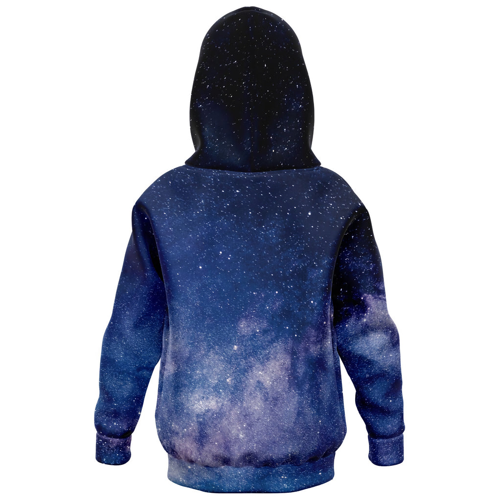 Kids navy blue hoodie with cosmic galaxy print in purple and white made of cozy cotton fleece for casual wear