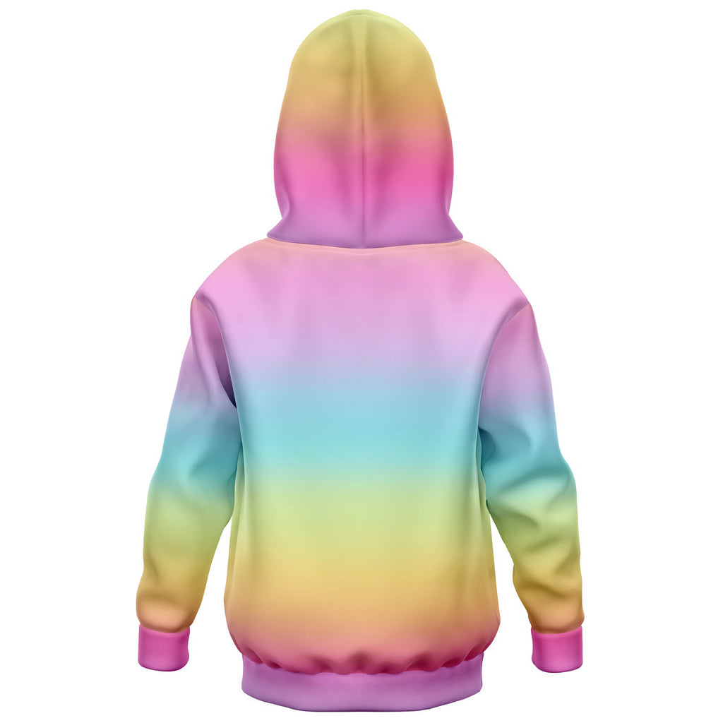 Girls bright rainbow hoodie with soft cotton fleece fabric, vibrant gradient colors, and pink cuffs for cozy wear