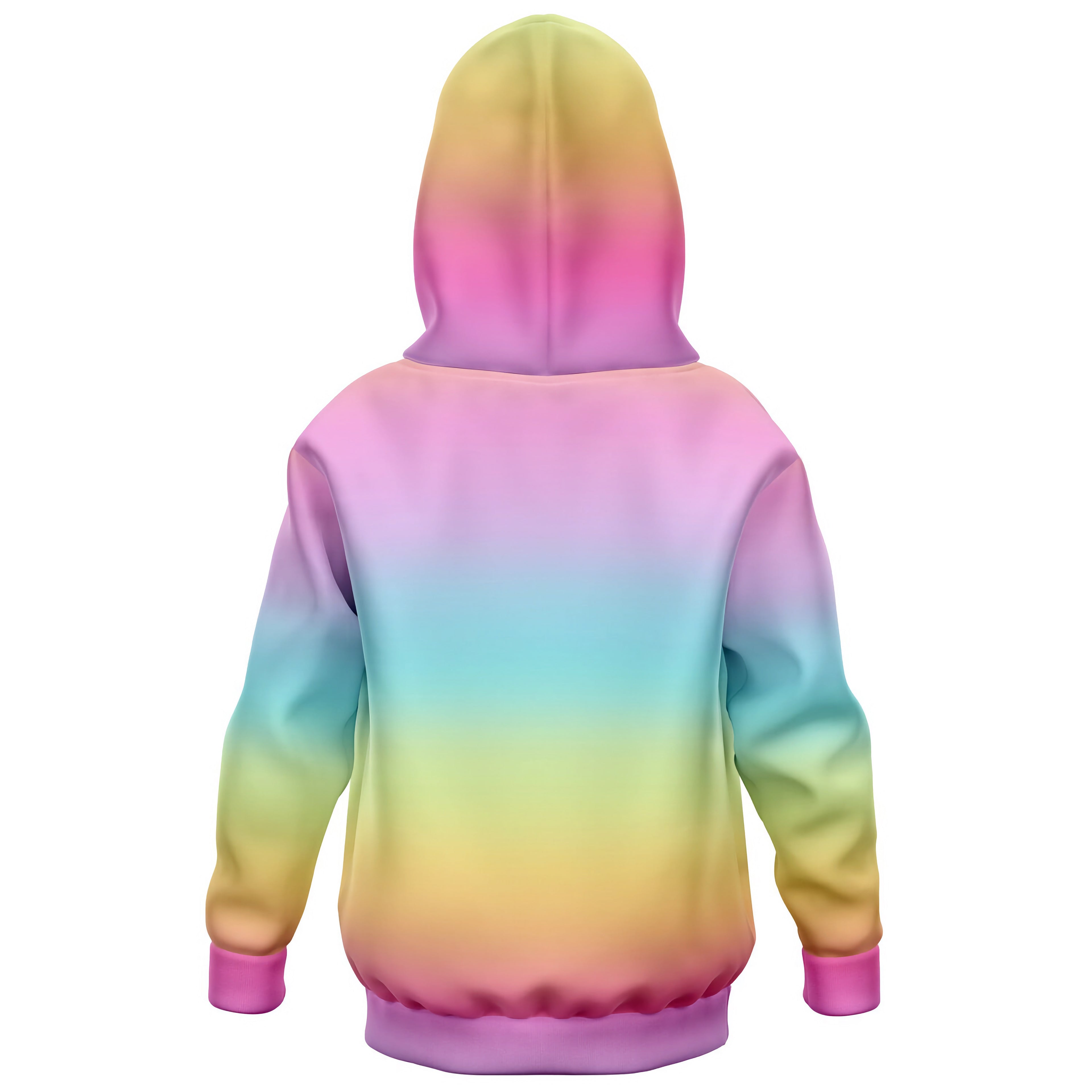 Girls bright rainbow hoodie with soft cotton fleece fabric, vibrant gradient colors, and pink cuffs for cozy wear