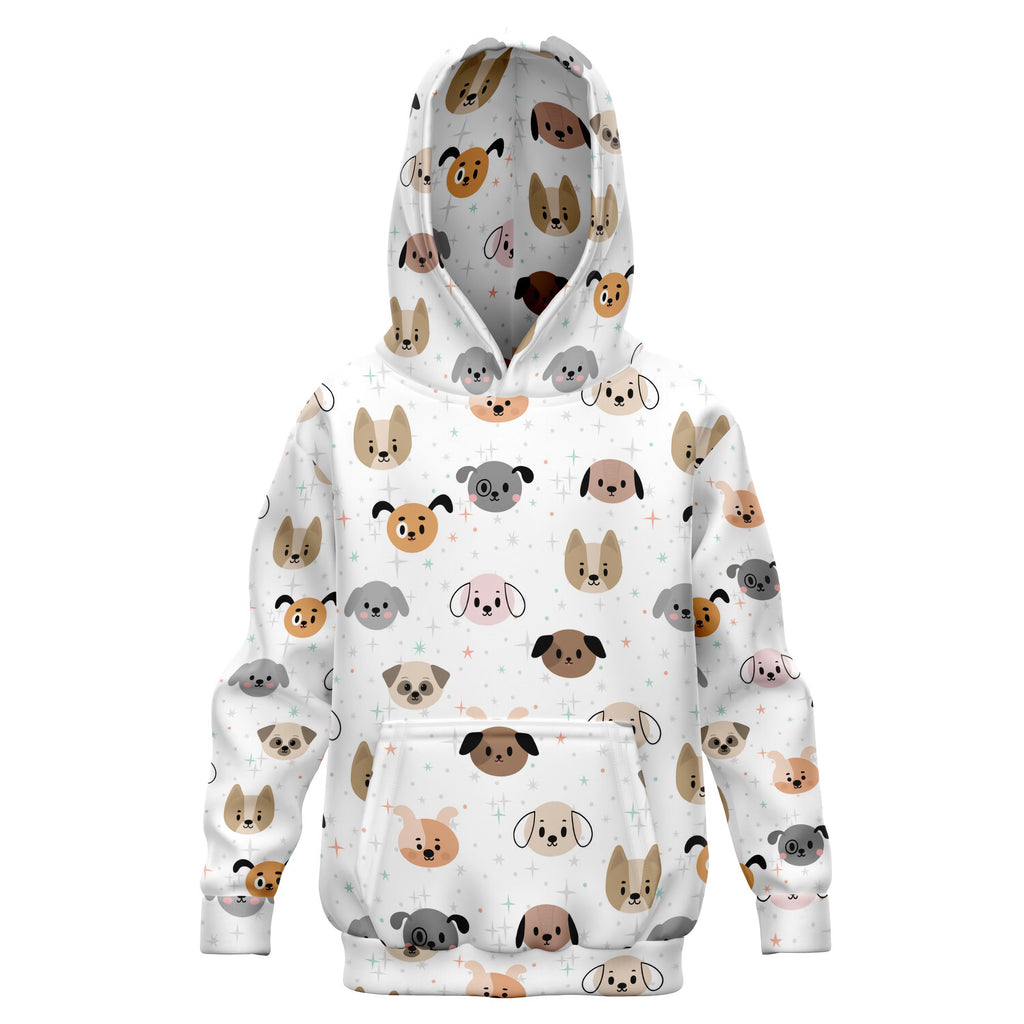 White kids dog face hoodie with playful multicolor cartoon dog pattern made of cozy cotton fleece or lightweight fabric