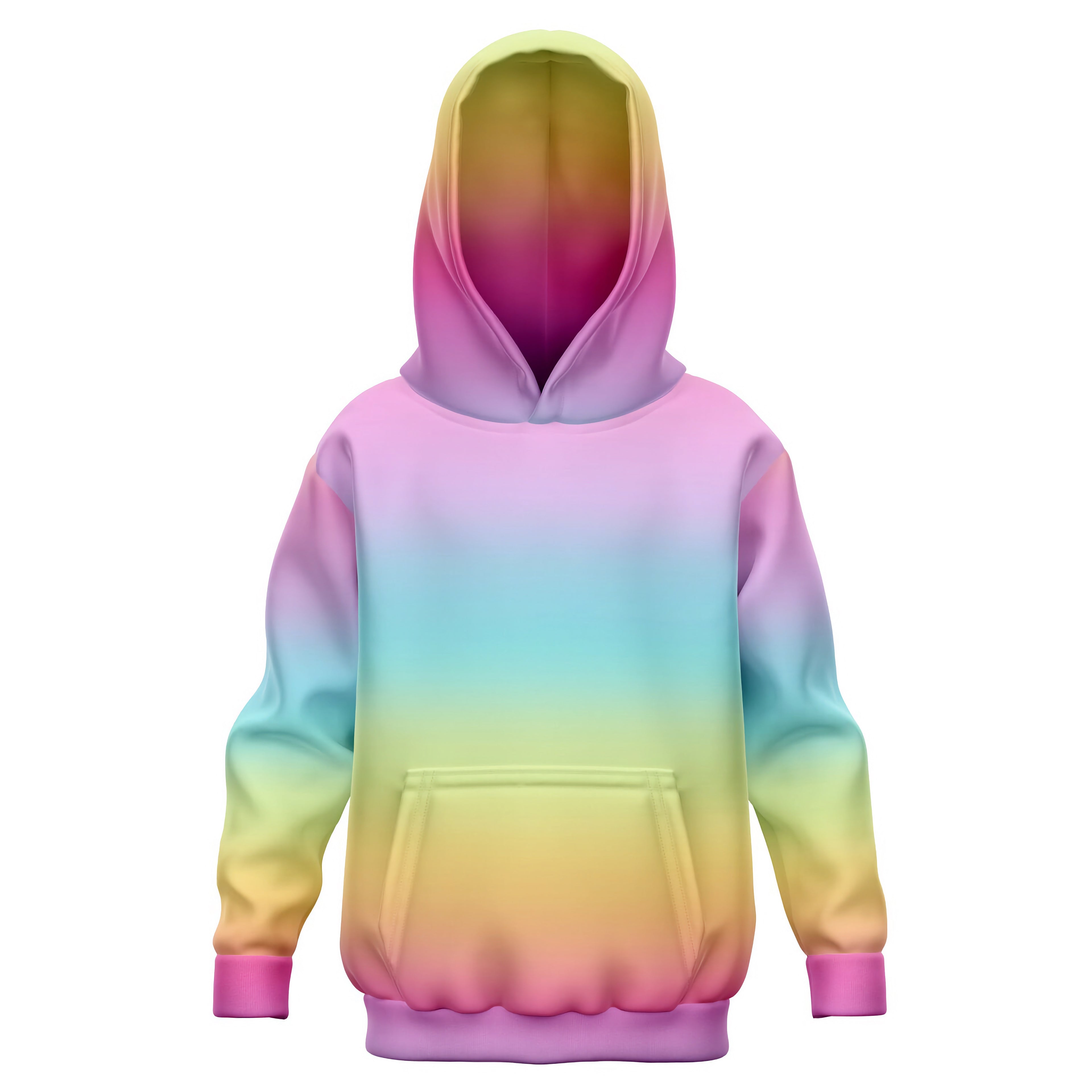 Girls bright rainbow hoodie with soft cotton fleece or lightweight sports fabric and pink cuffs for cozy wear
