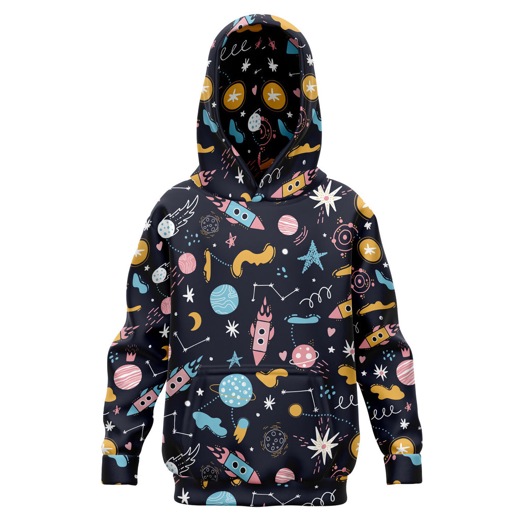 Black kids outer space hoodie with colorful rockets and planets in cozy cotton fleece or lightweight sports fabric
