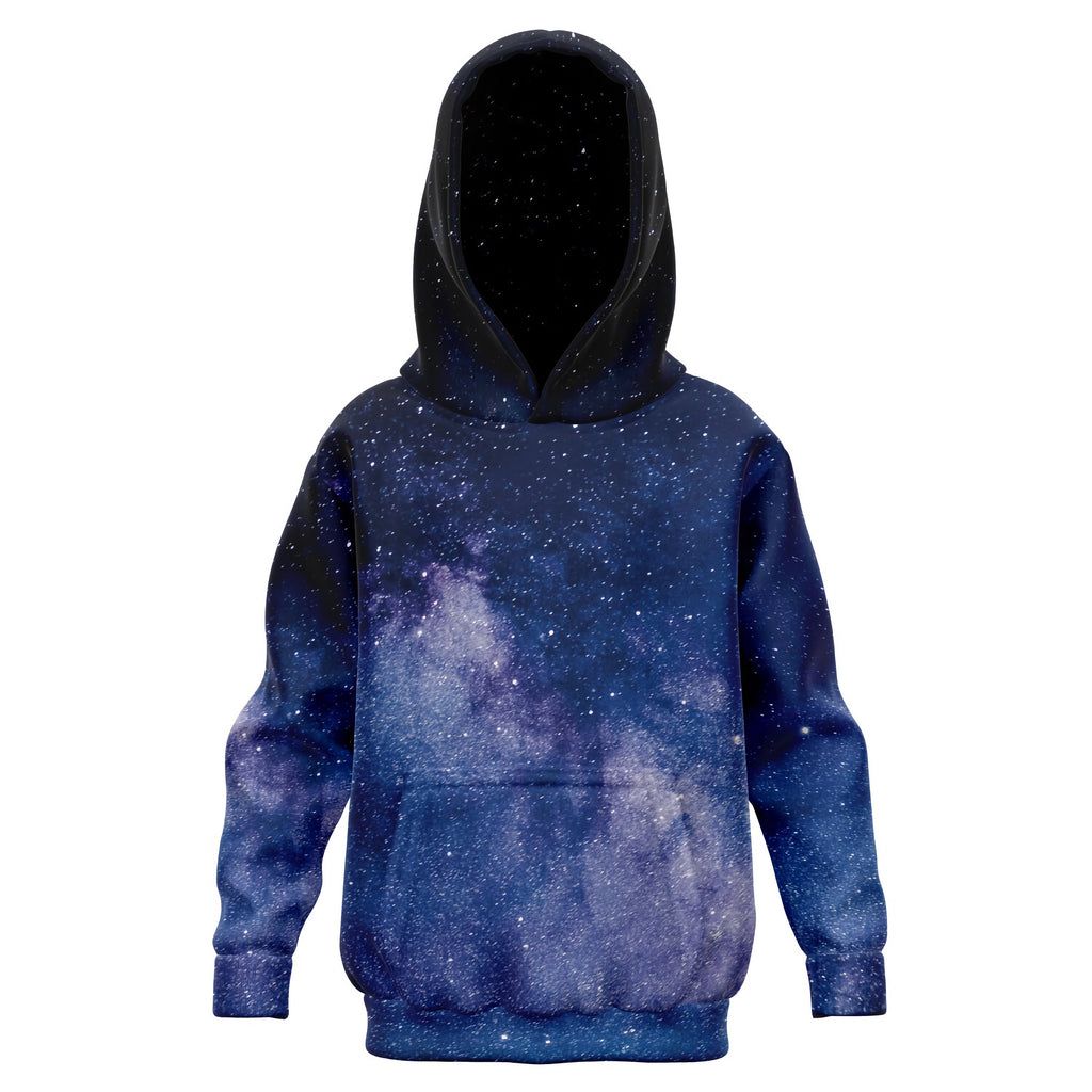 Kids realistic galaxy hoodie in navy blue and purple with black hood made of cozy cotton fleece or lightweight fabric