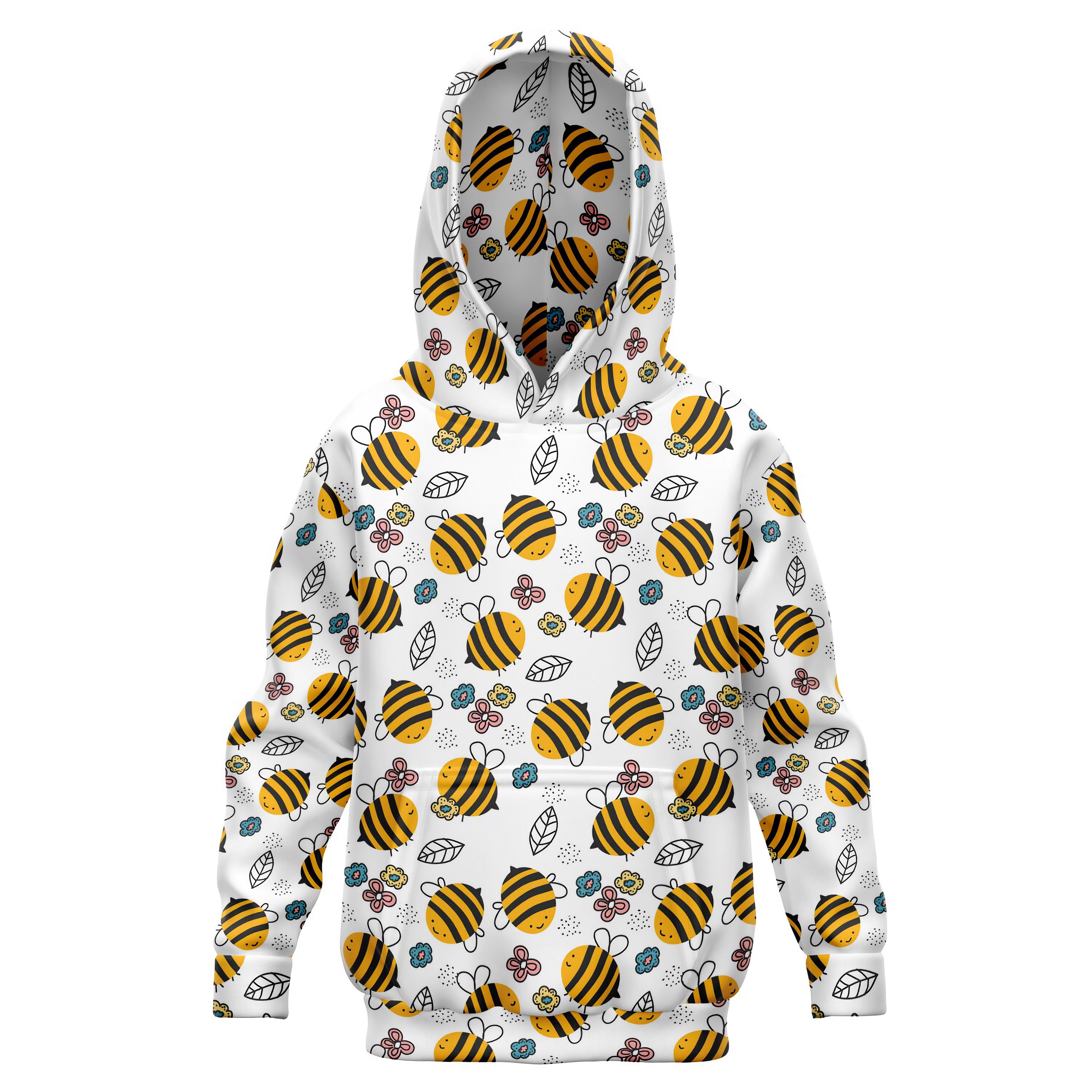 White kids hoodie with playful yellow and black bee pattern colorful flowers green leaves cozy cotton fleece