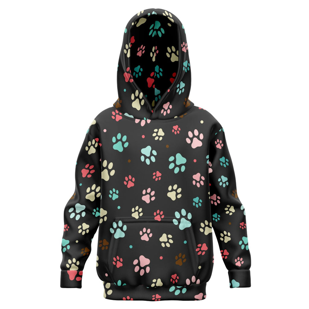 Black kids paw print hoodie with colorful pink teal beige paw prints made of cozy cotton fleece or lightweight fabric