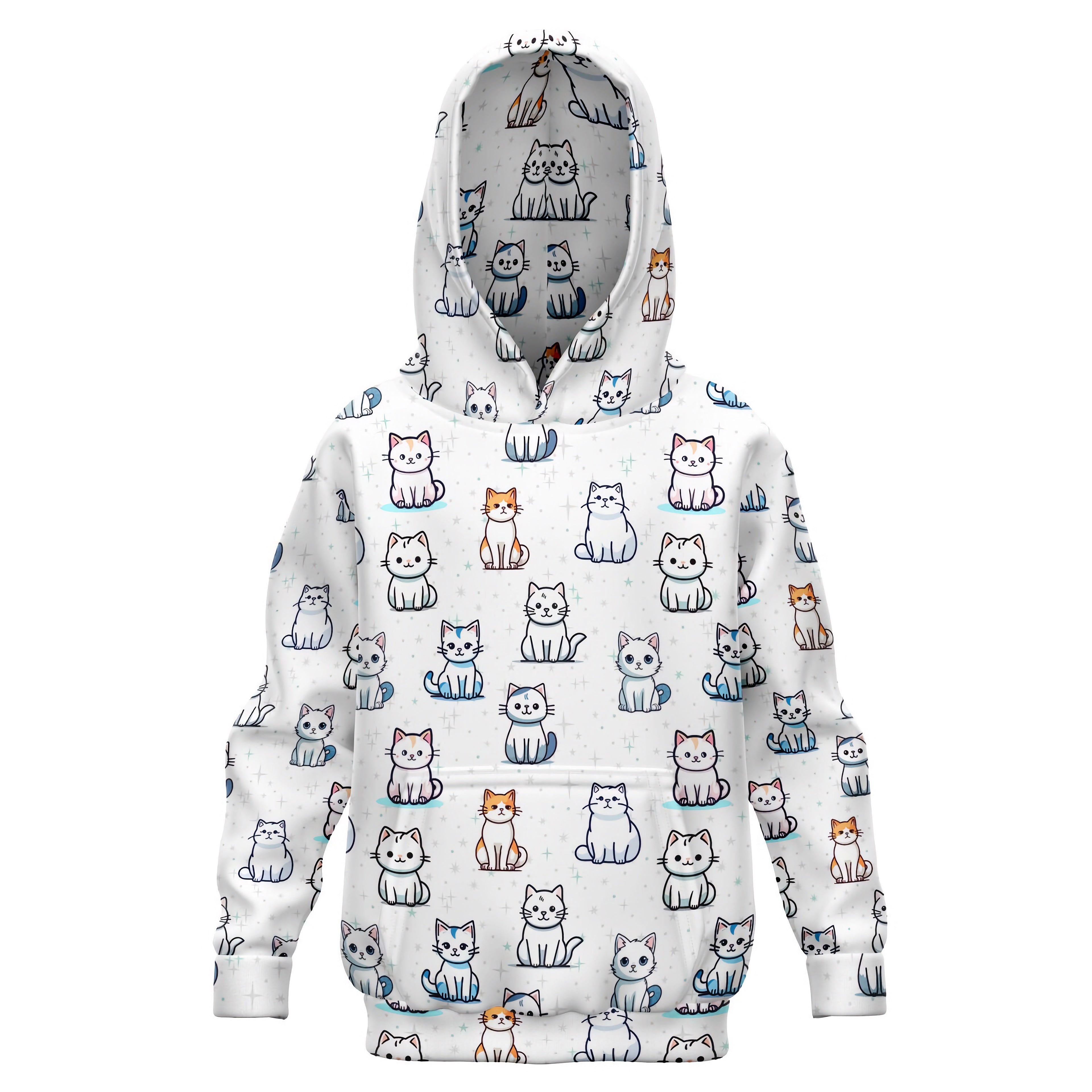 Girls Cat Pattern Hoodie – Cozy Cotton Fleece or Lightweight Sports Fabric