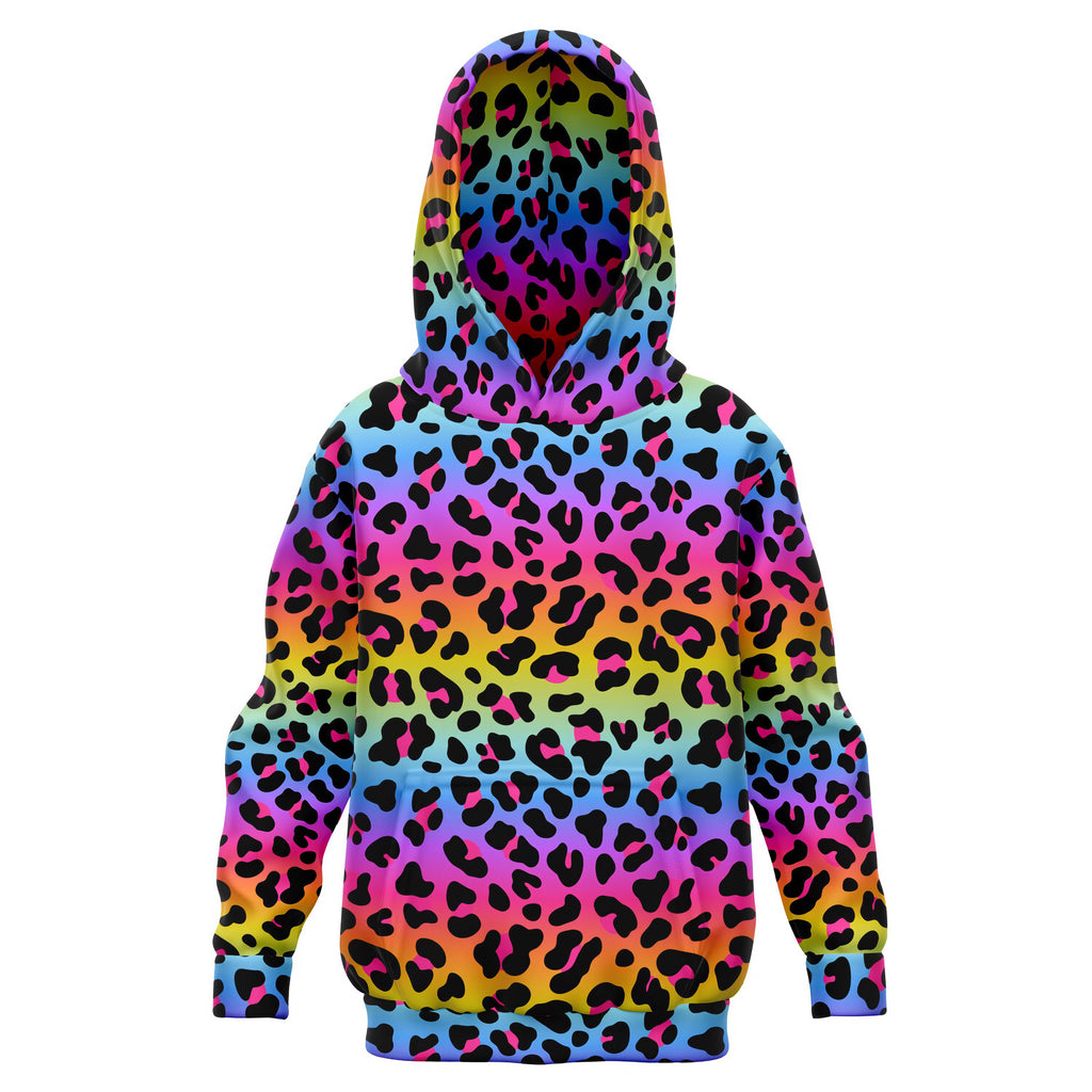 Girls Rainbow Cheetah Hoodie – Cozy Cotton Fleece or Lightweight Sports Fabric