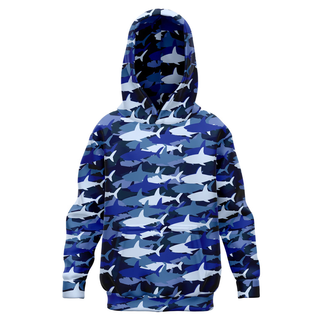 Kids blue and white shark camouflage hoodie in cozy cotton fleece perfect for casual and sports wear