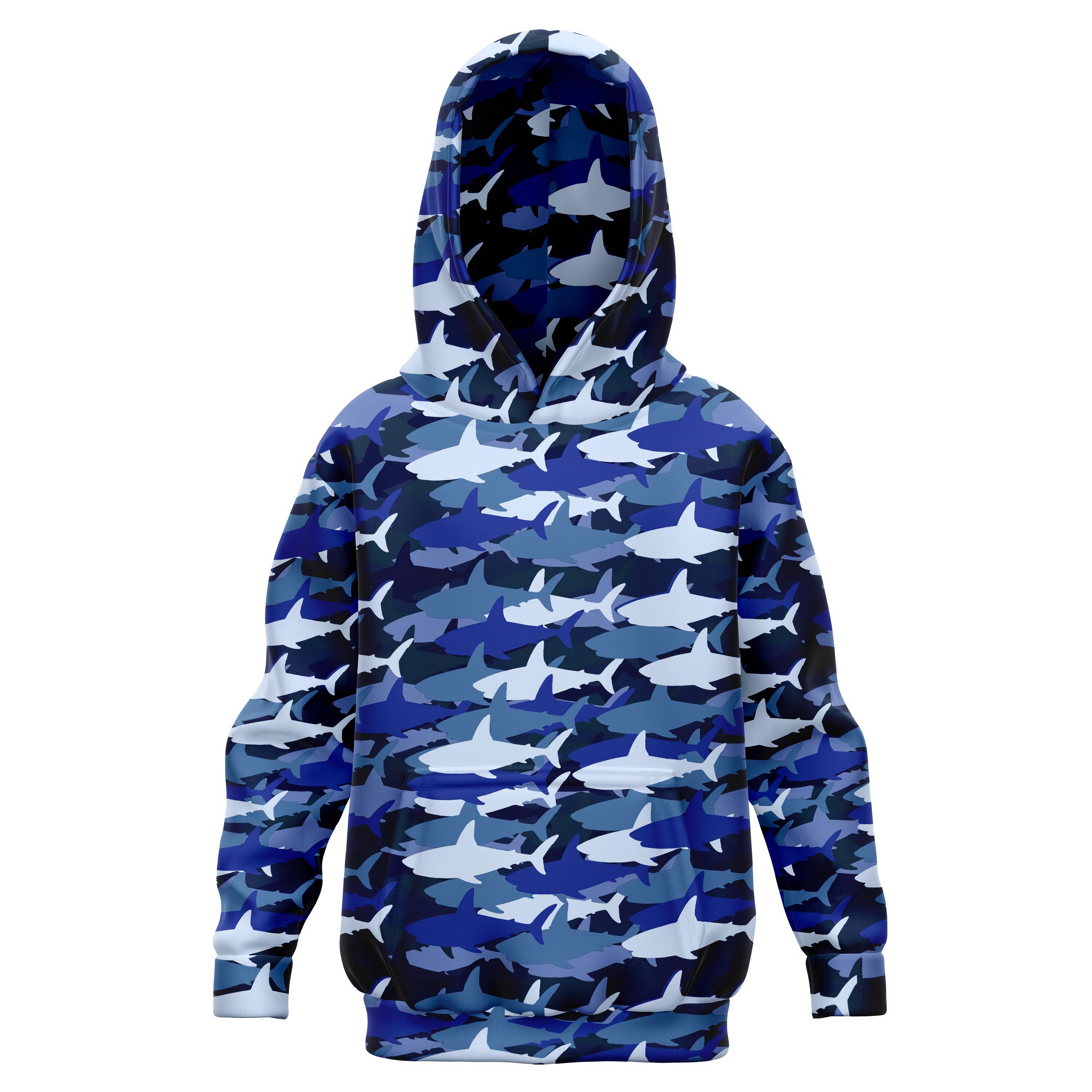 Kids blue and white shark camouflage hoodie in cozy cotton fleece perfect for casual and sports wear