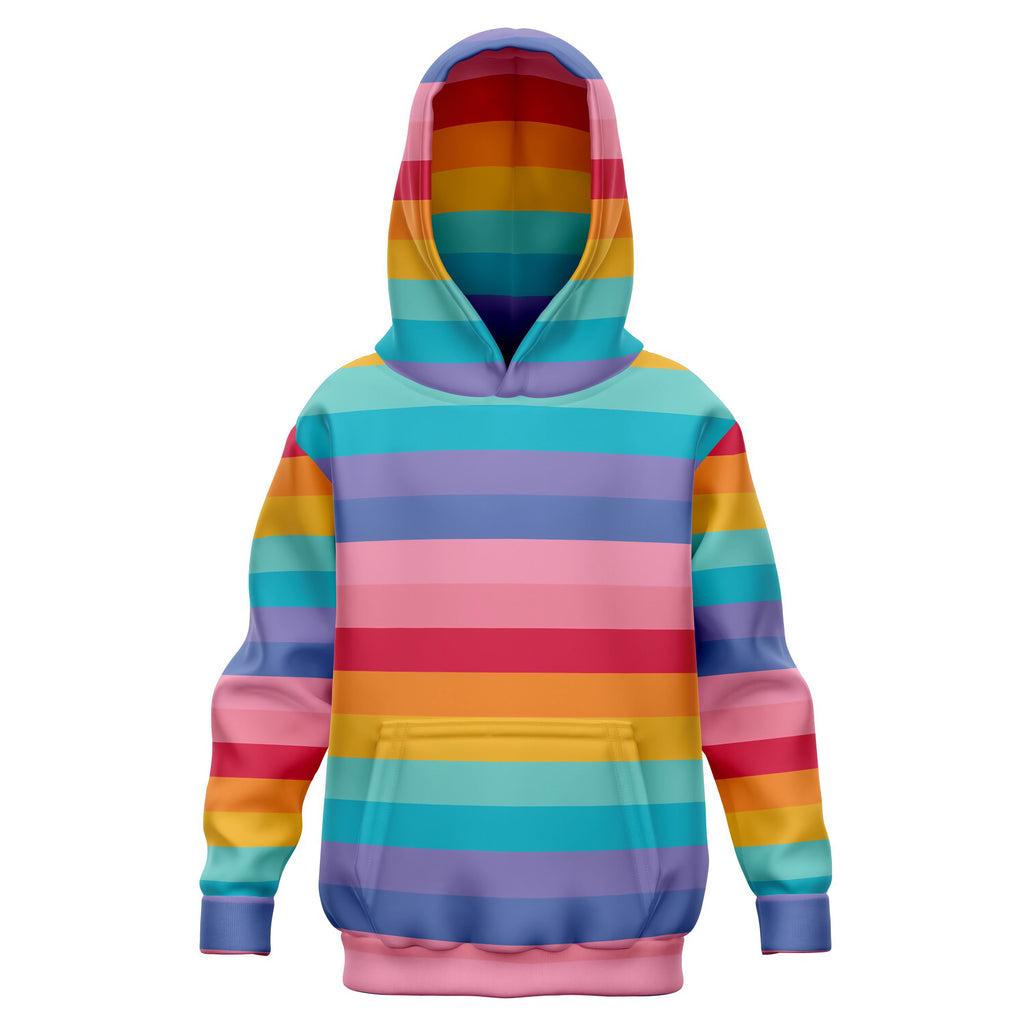 Girls striped bright rainbow hoodie with colorful horizontal stripes in cozy cotton fleece or lightweight sports fabric
