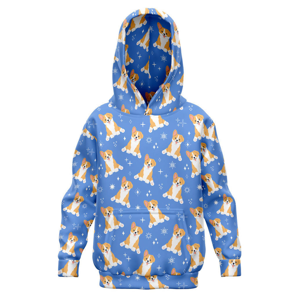 Kids Blue Corgi Dog Hoodie – Cozy Cotton Fleece or Lightweight Sports Fabric