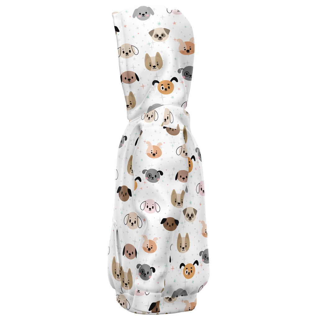 White fabric baby carrier with colorful cartoon dog faces pattern made of cozy cotton fleece for kids use