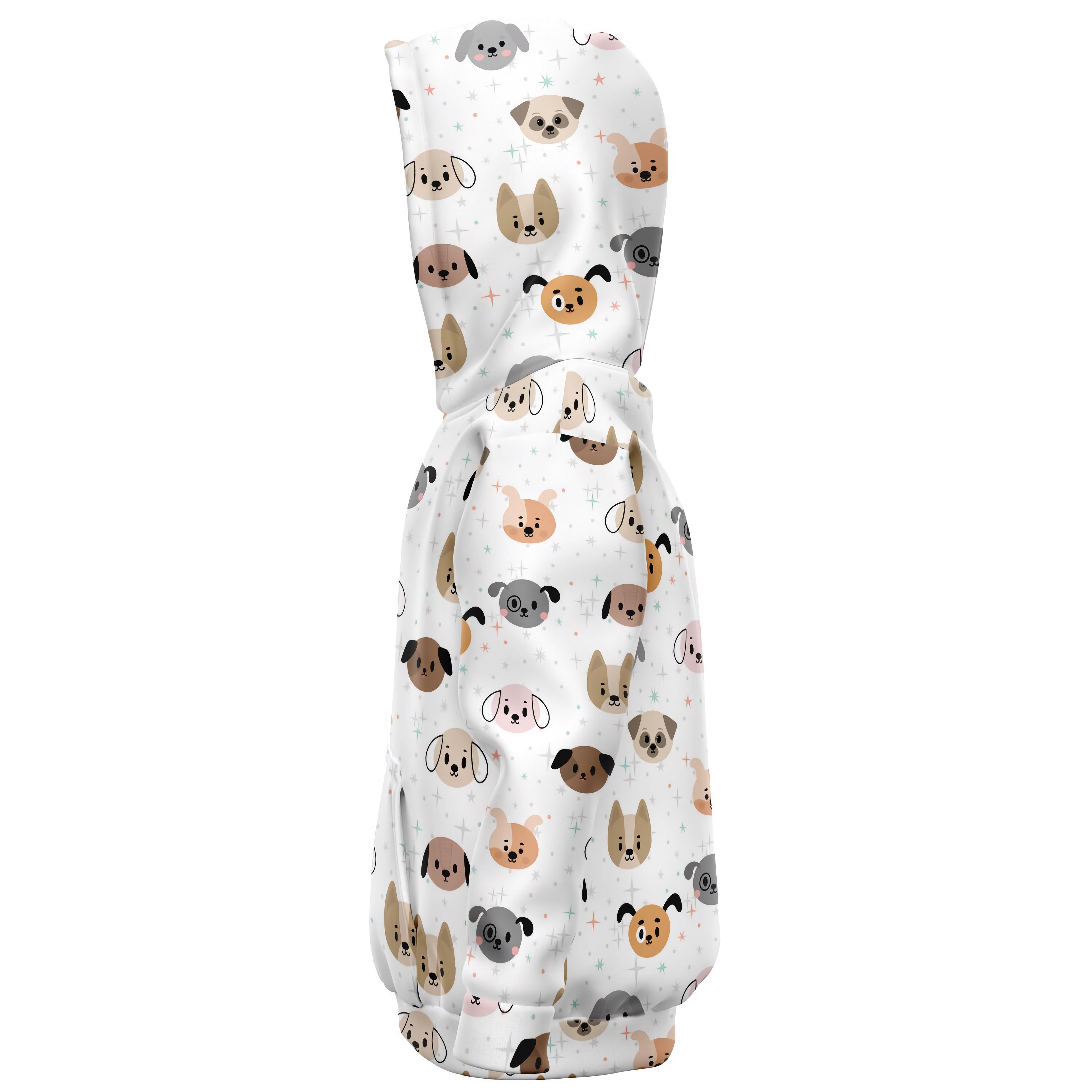 White fabric baby carrier with colorful cartoon dog faces pattern made of cozy cotton fleece for kids use