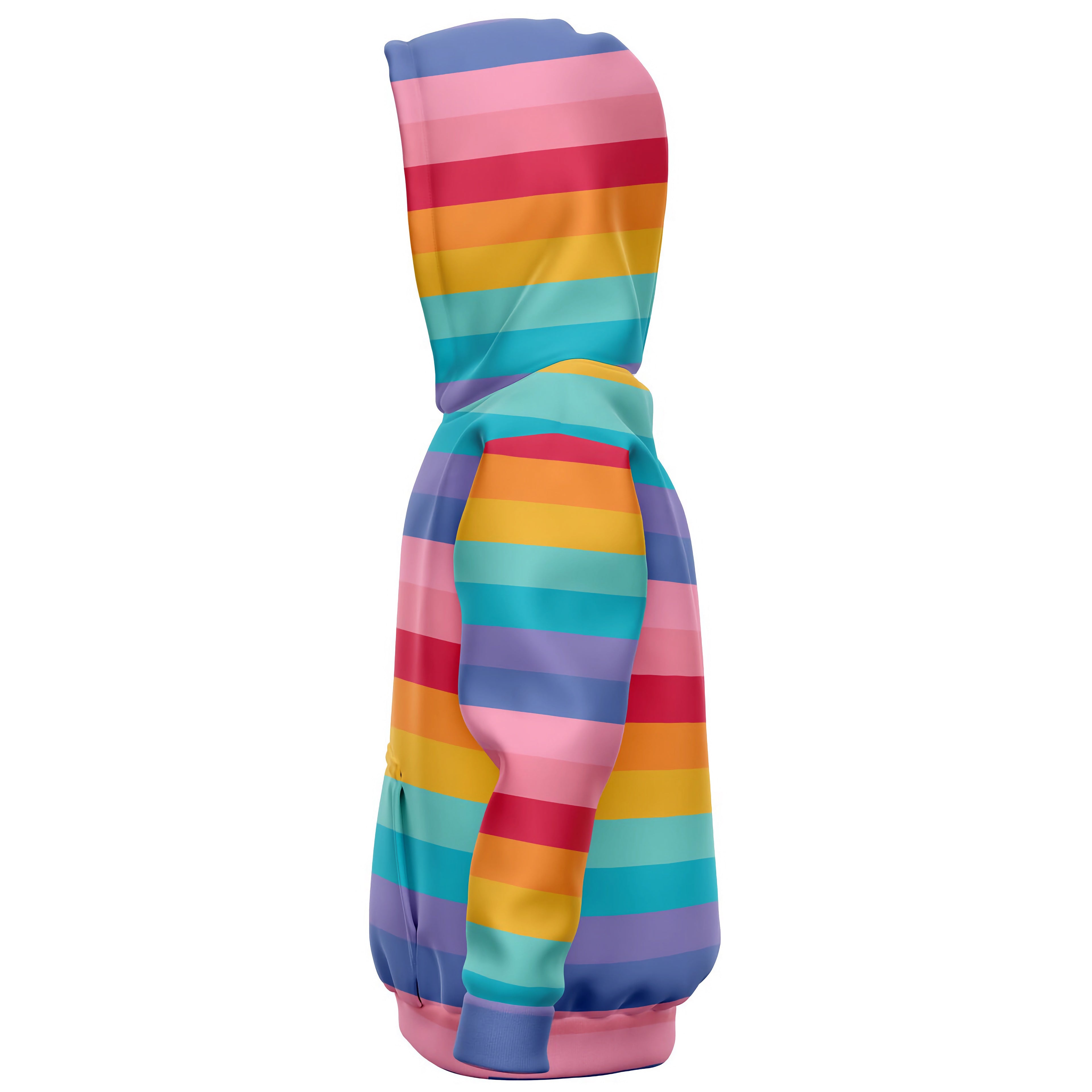 Girls striped bright rainbow hoodie with vibrant pink red orange yellow teal and purple bands in cozy cotton fleece