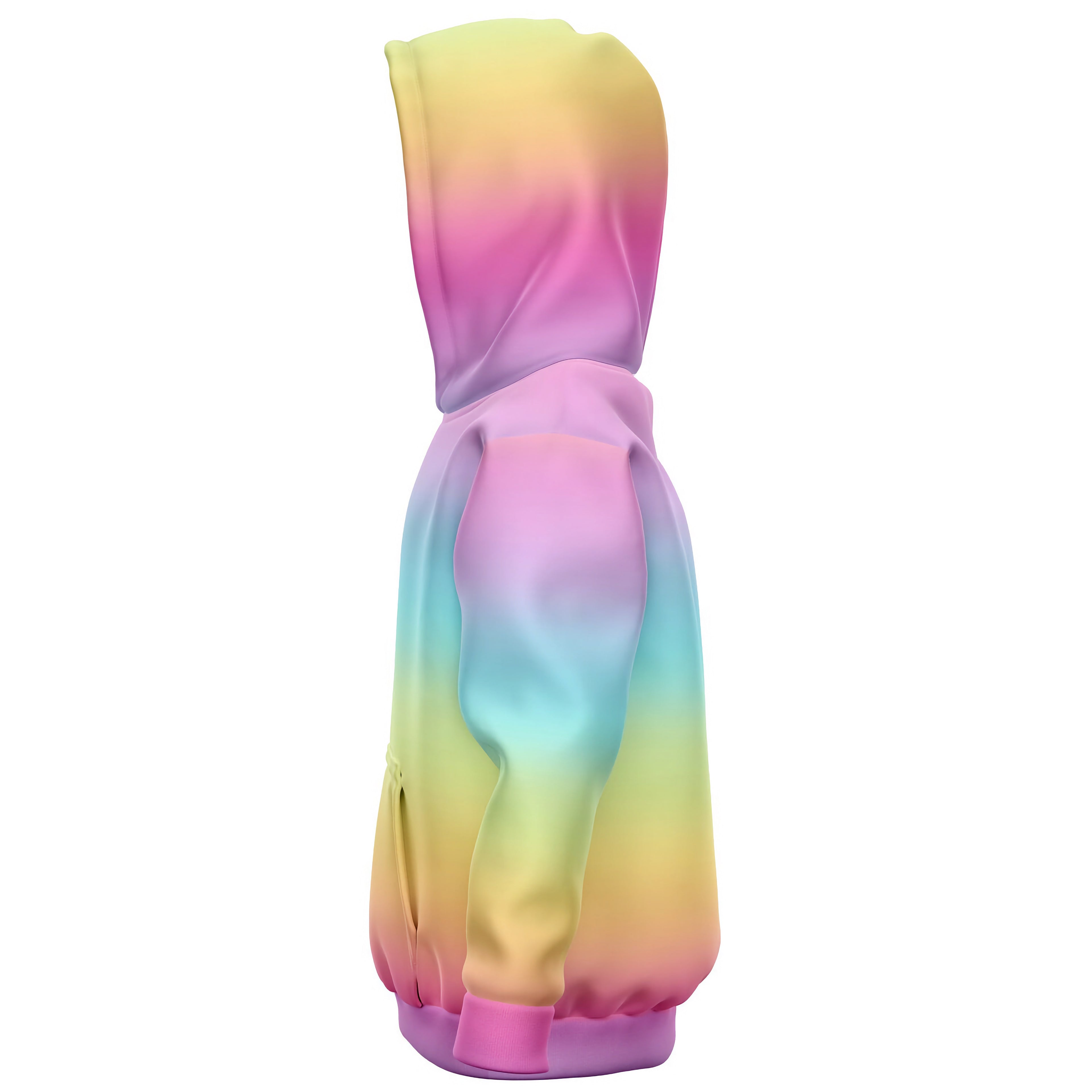 Girls bright rainbow hoodie with vibrant yellow pink and blue tie-dye pattern in cozy cotton fleece or lightweight fabric