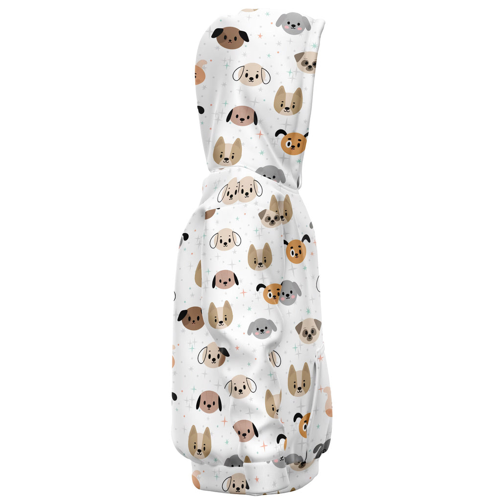 A white hooded sleep sack with colorful cartoon dogs made of cozy cotton fleece or lightweight sports fabric