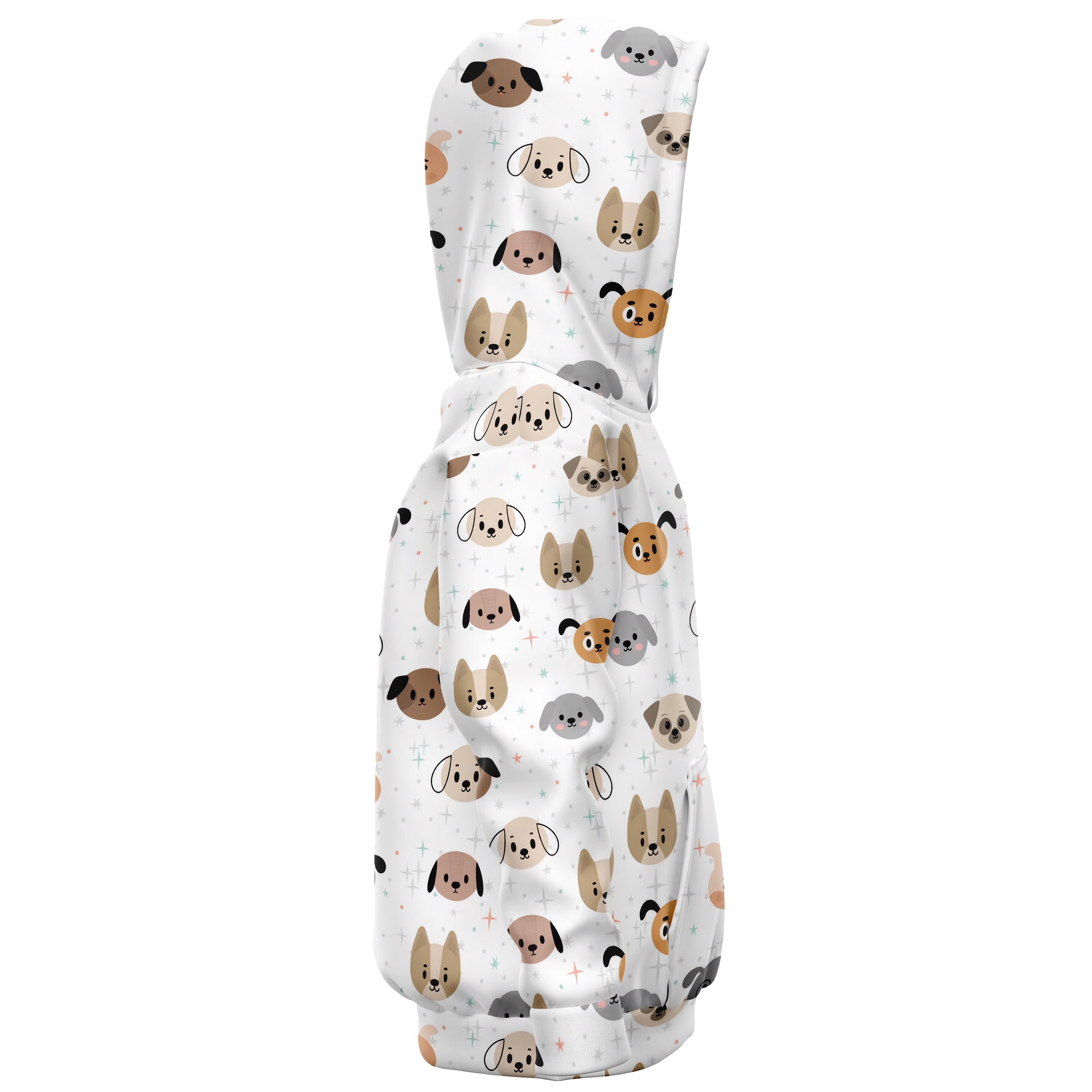 A white hooded sleep sack with colorful cartoon dogs made of cozy cotton fleece or lightweight sports fabric