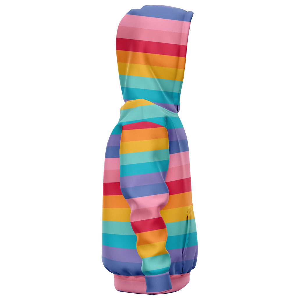 Girls striped bright rainbow hoodie with vibrant pink blue yellow orange and teal bands cozy cotton fleece