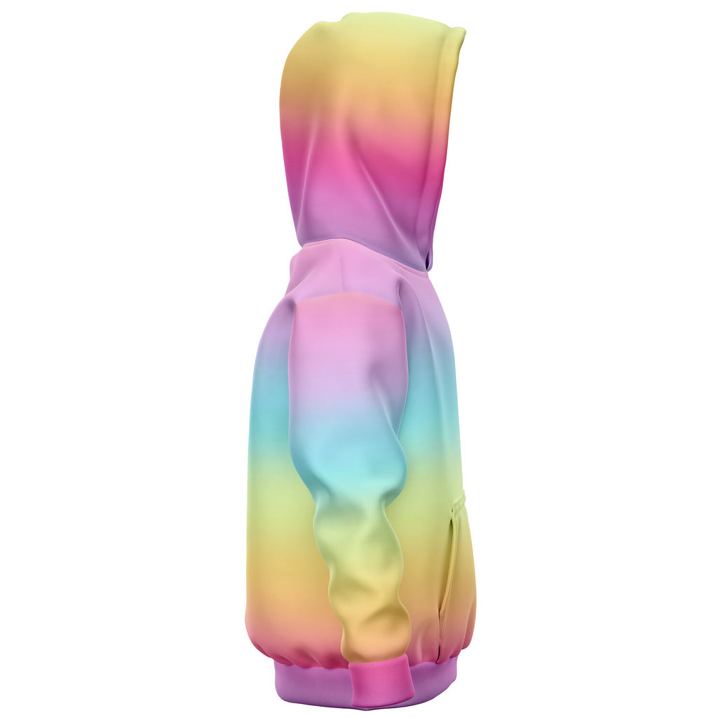 Girls bright rainbow hoodie in soft cotton fleece with vibrant yellow to pink and blue gradient tie-dye colors