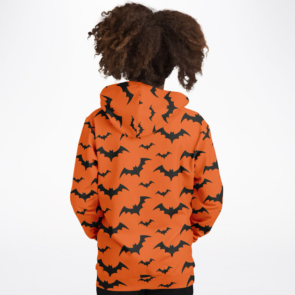 Kids orange bats halloween hoodie with black bat prints made of cozy cotton fleece or lightweight sports fabric