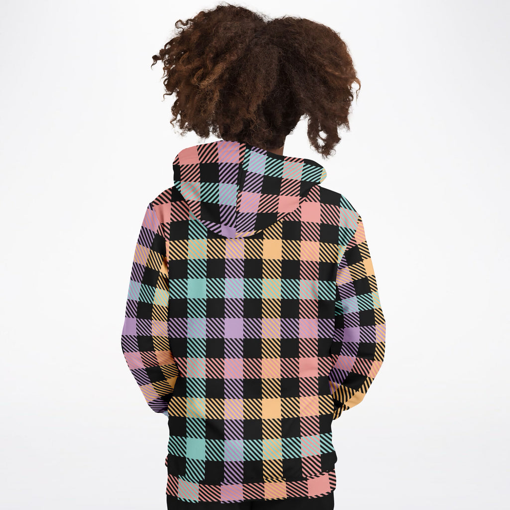 Girls Colorful Black Pastel Plaid Hoodie – Ultra Comfy & Stretchy, Cozy Fleece or Lightweight Sports Fabric, Double-Layer Hood & Kangaroo Pocket