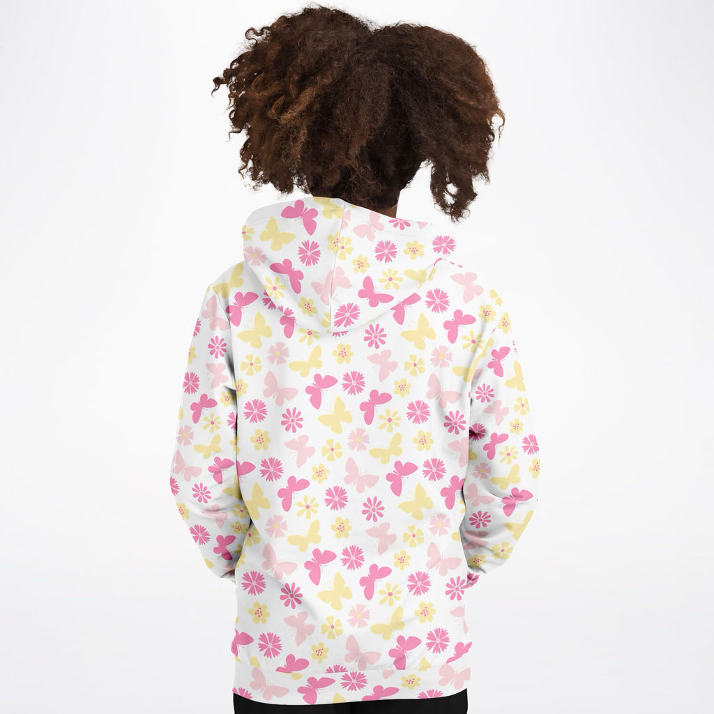 Girls Pink Butterfly & Daisy Hoodie – Ultra Comfy & Stretchy, Cozy Fleece or Lightweight Sports Fabric, Double-Layer Hood & Kangaroo Pocket