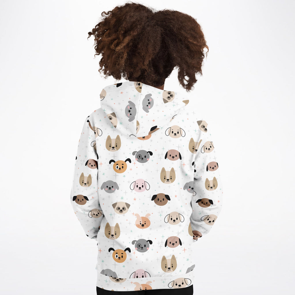 White kids dog face hoodie with colorful cartoon dog pattern made of cozy cotton fleece or lightweight sports fabric