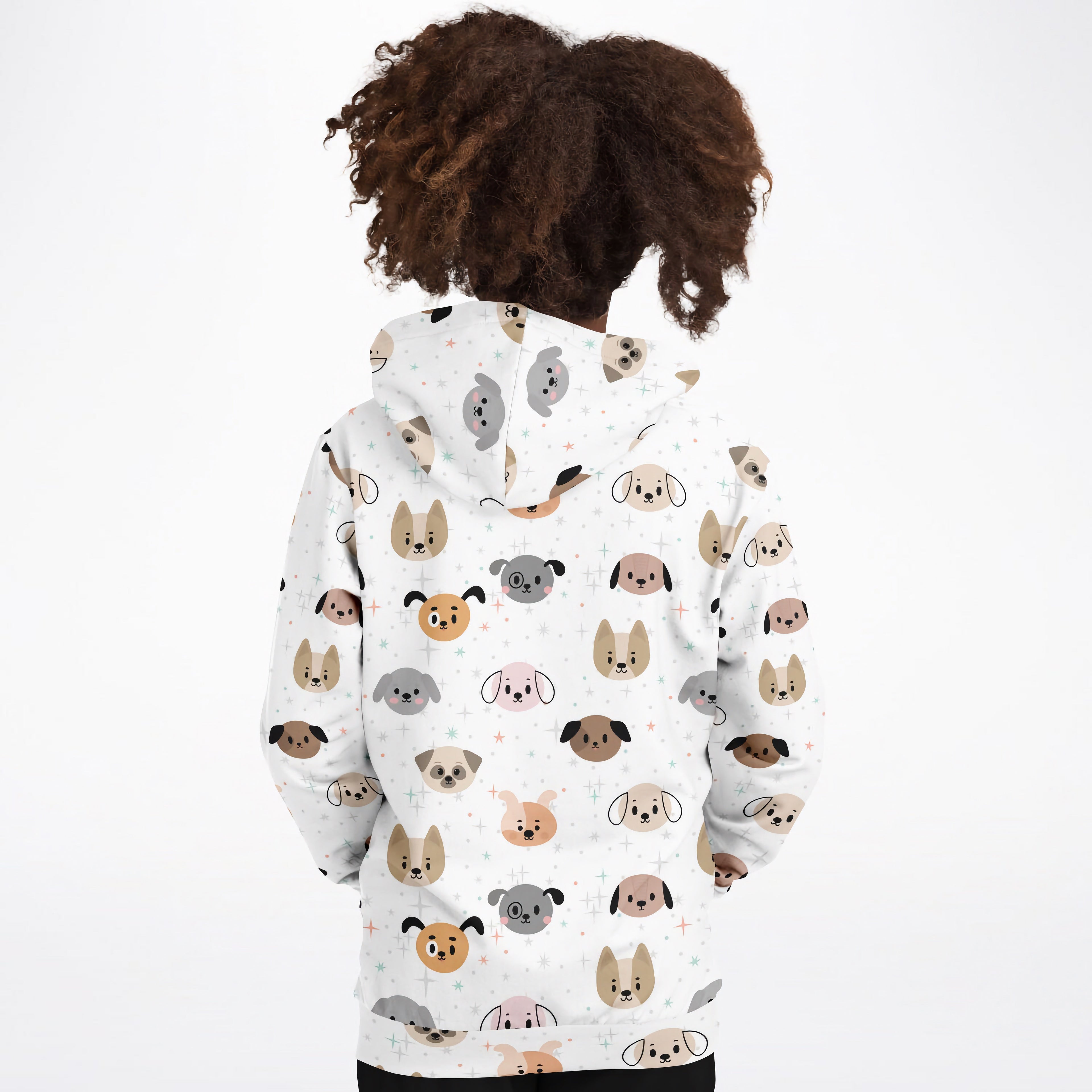 White kids dog face hoodie with colorful cartoon dog pattern made of cozy cotton fleece or lightweight sports fabric