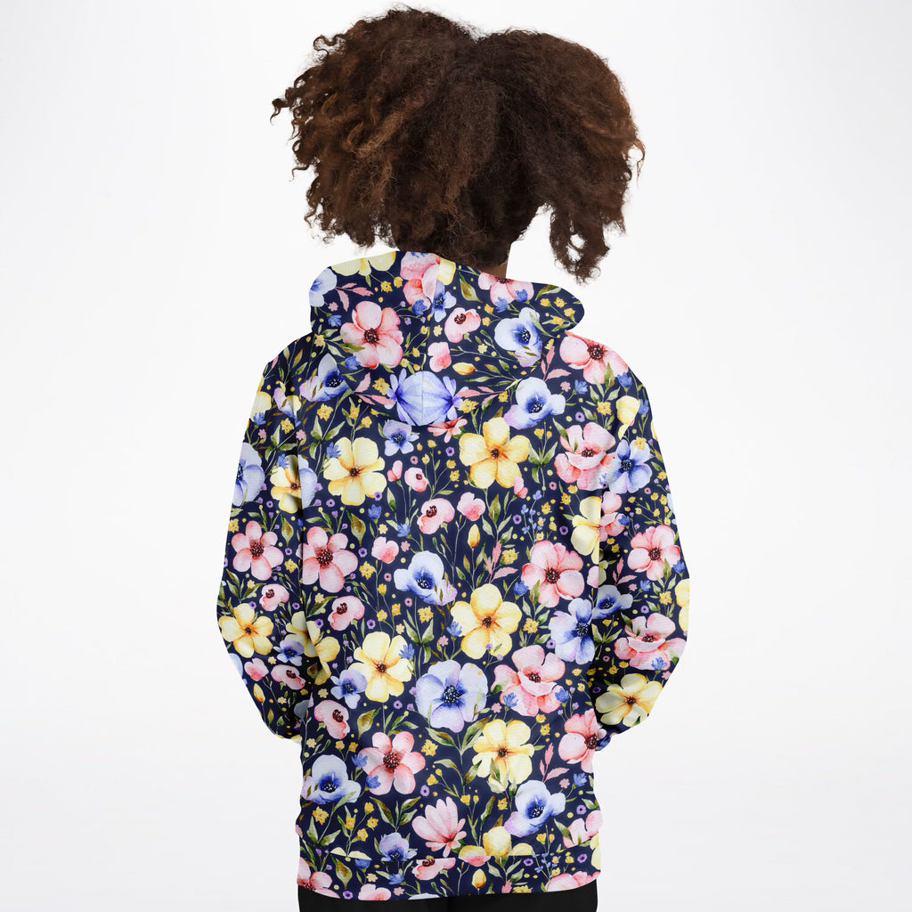 Girls Navy Blue Watercolor Floral Hoodie – Ultra Comfy & Stretchy, Cozy Fleece or Lightweight Sports Fabric, Double-Layer Hood & Kangaroo Pocket