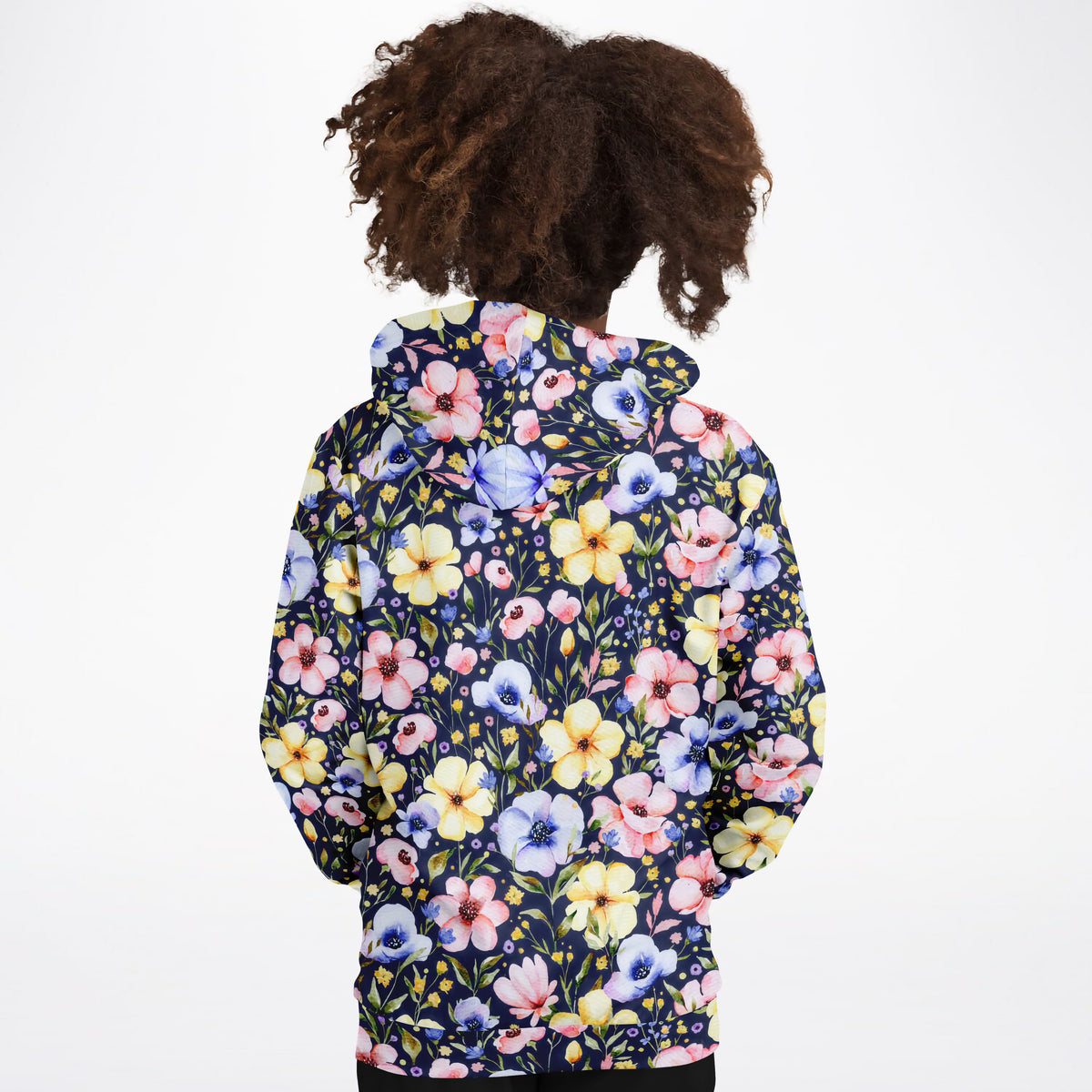 Girls Navy Blue Watercolor Floral Hoodie – Ultra Comfy & Stretchy, Cozy Fleece or Lightweight Sports Fabric, Double-Layer Hood & Kangaroo Pocket