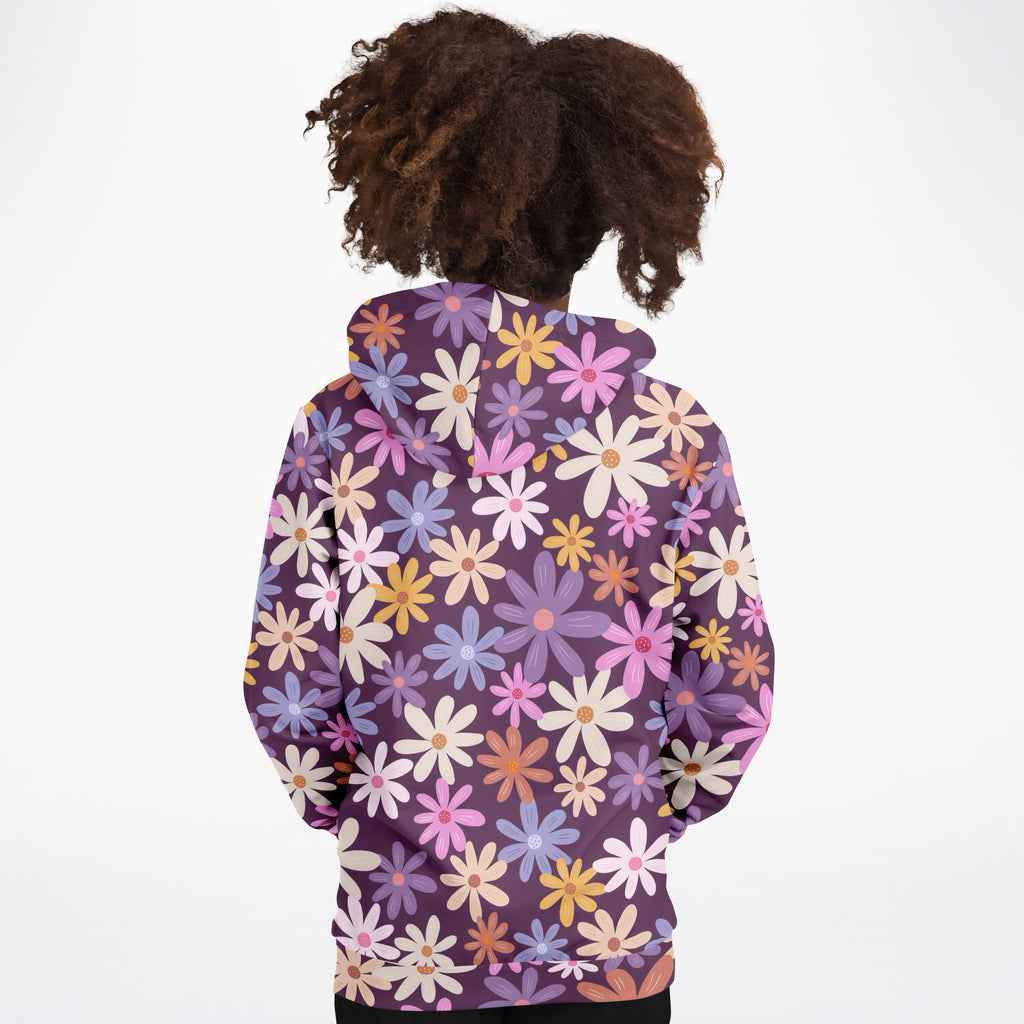 Girls Purple Retro Floral Hoodie – Ultra Comfy & Stretchy, Cozy Fleece or Lightweight Sports Fabric, Double-Layer Hood & Kangaroo Pocket