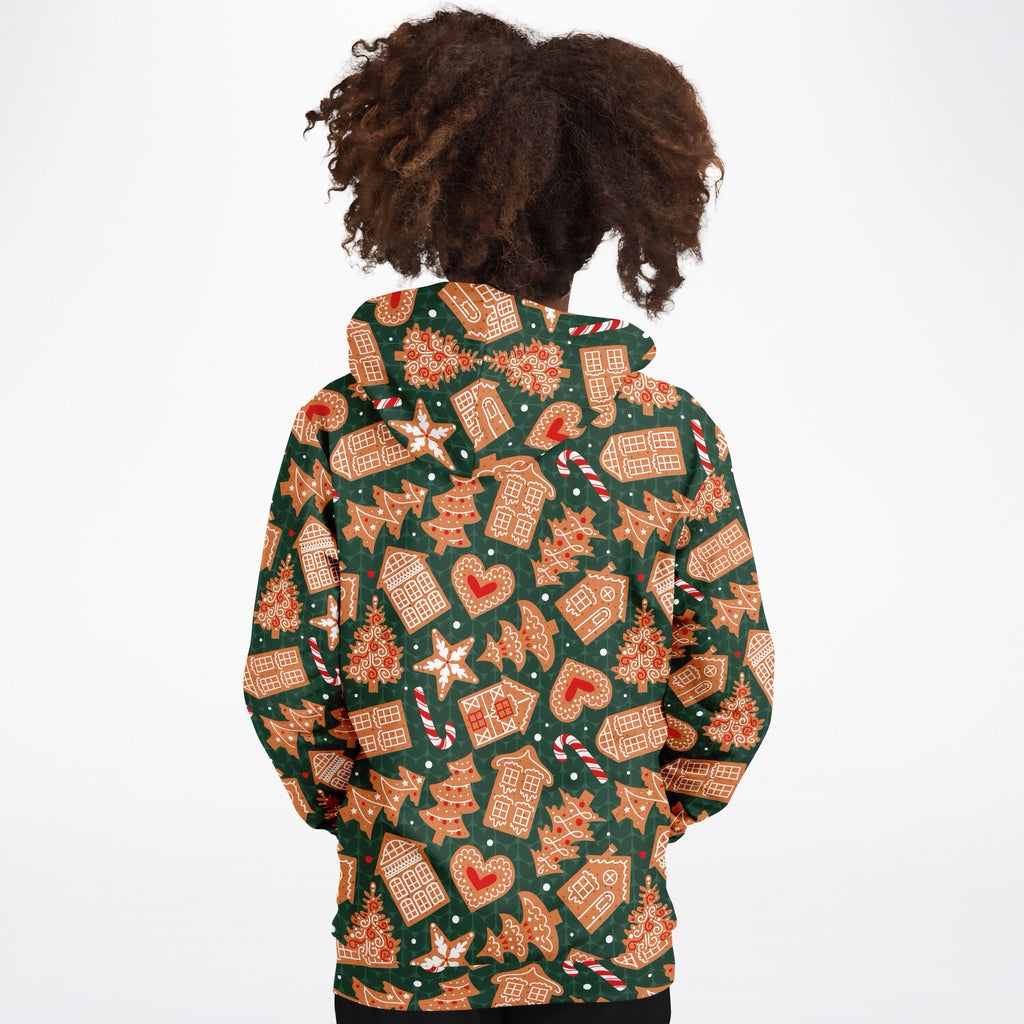 Kids Green Gingerbread Cookies Christmas Hoodie – Ultra Comfy & Stretchy, Cozy Fleece or Lightweight Sports Fabric, Double-Layer Hood & Kangaroo Pocket