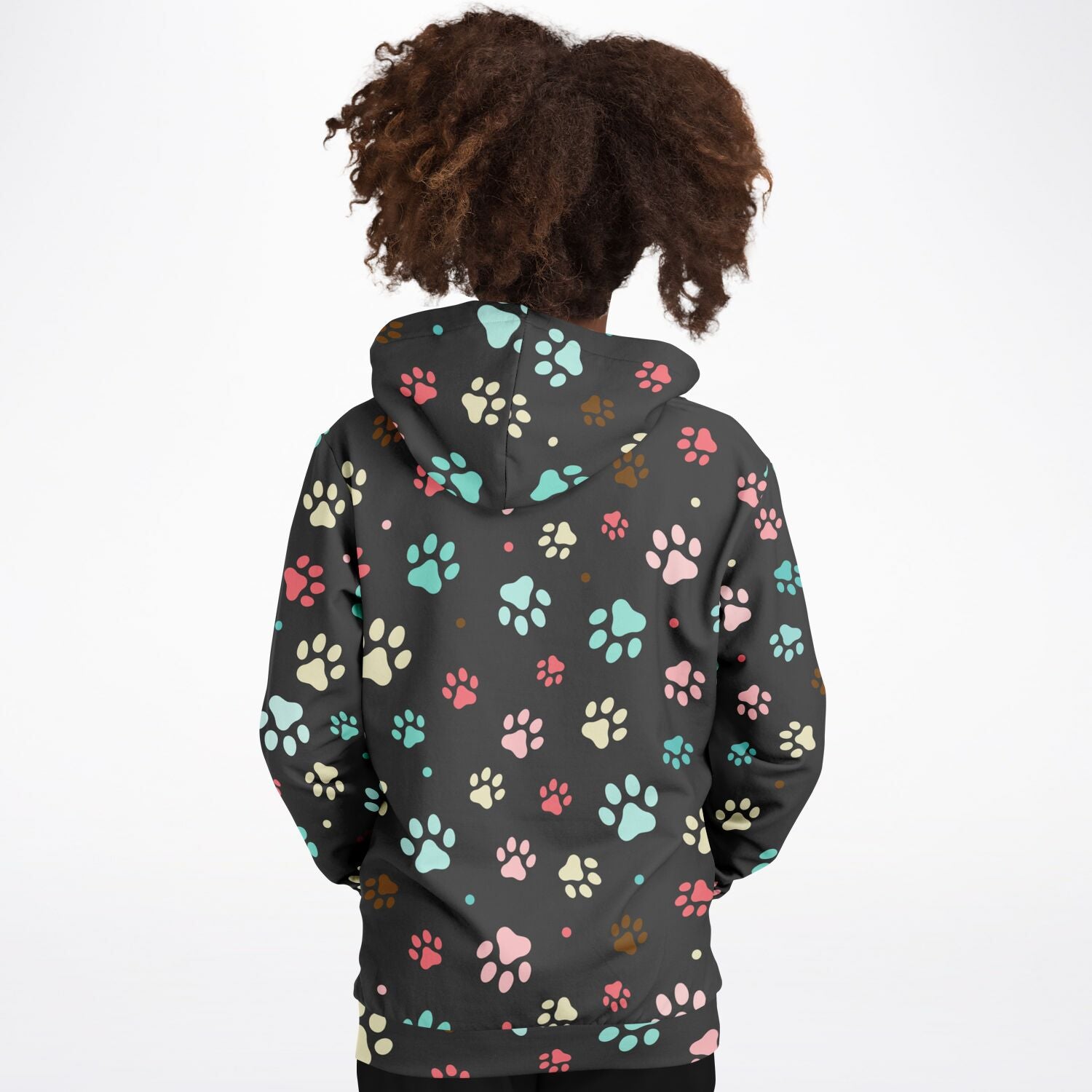A dark gray kids paw print hoodie with multicolored paw patterns made of cozy cotton fleece or lightweight fabric