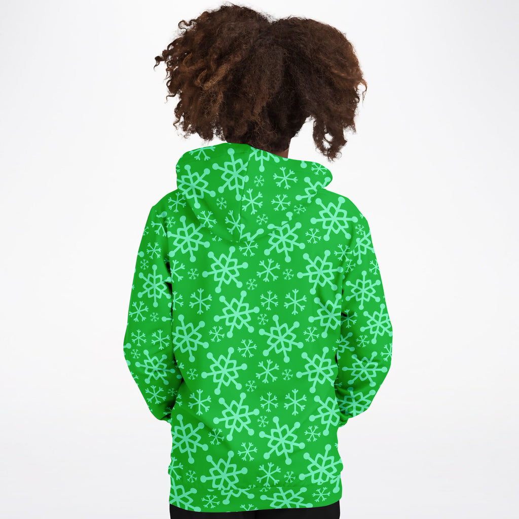 Kids Green Snowflake Christmas Hoodie – Ultra Comfy & Stretchy, Cozy Fleece or Lightweight Sports Fabric, Double-Layer Hood & Kangaroo Pocket
