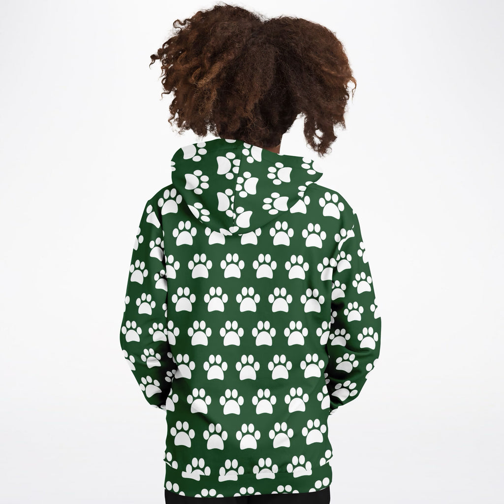 Kids Forest Green Paw Print Hoodie – Ultra Comfy & Stretchy, Cozy Fleece or Lightweight Sports Fabric, Double-Layer Hood & Kangaroo Pocket