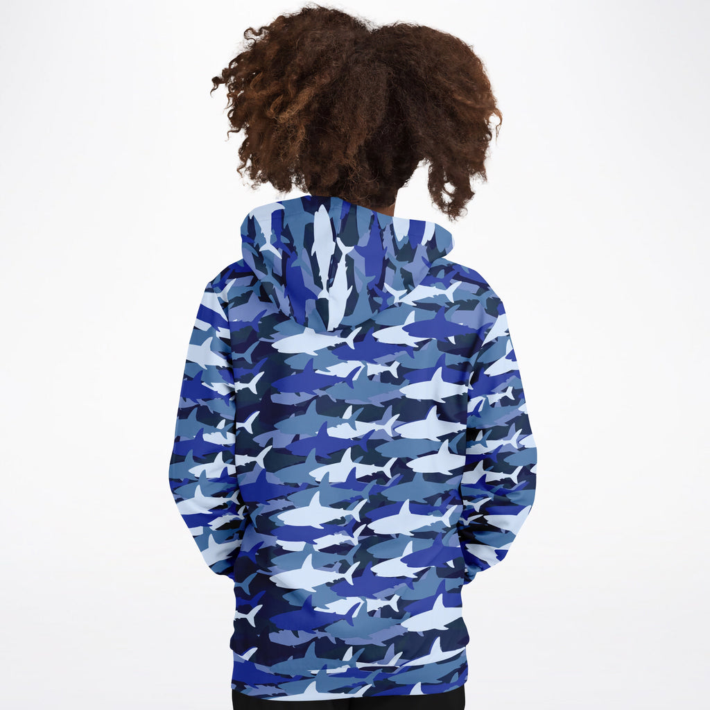 Kids blue shark hoodie with cozy cotton fleece and lightweight sports fabric featuring blue and white camouflage design