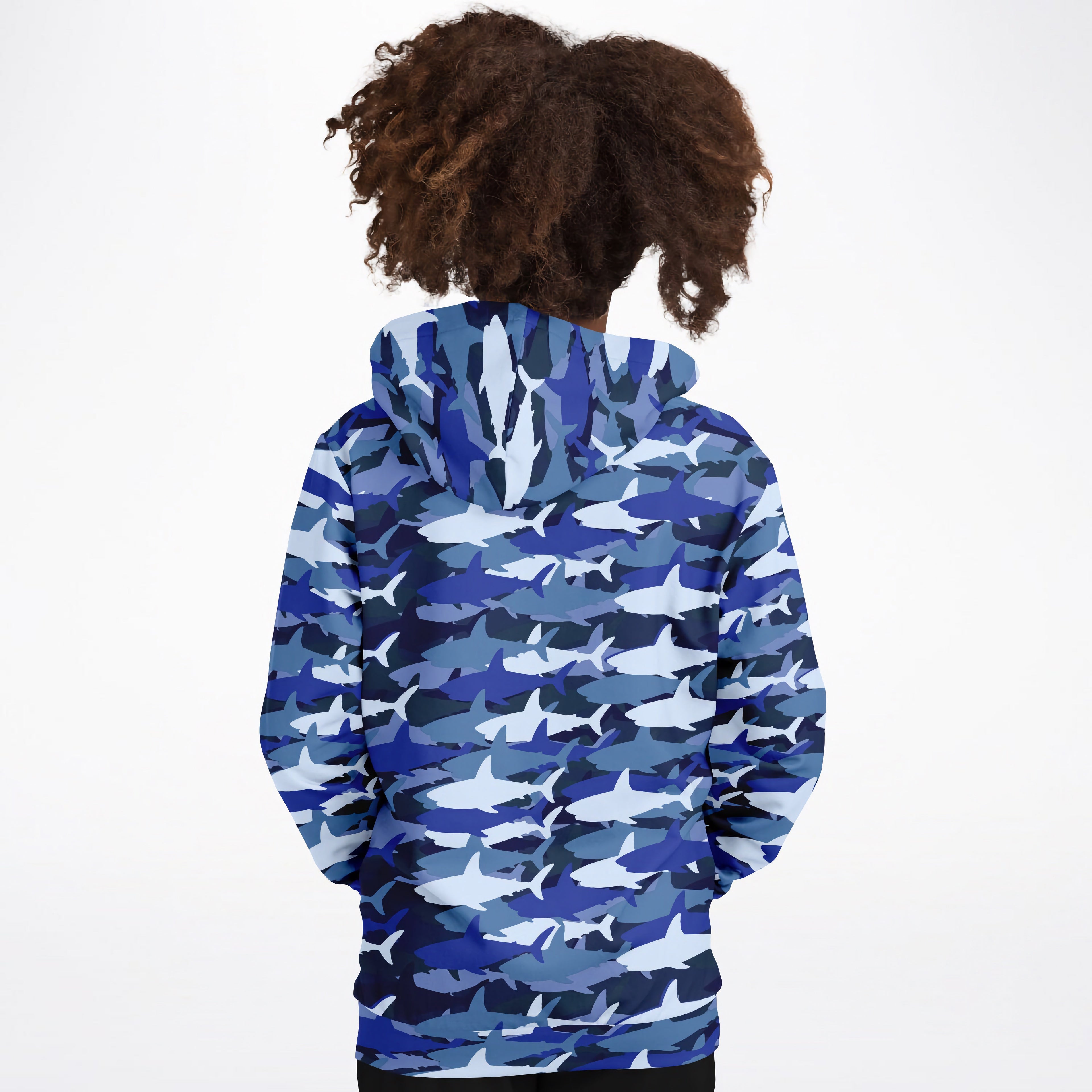Kids blue shark hoodie with cozy cotton fleece and lightweight sports fabric featuring blue and white camouflage design