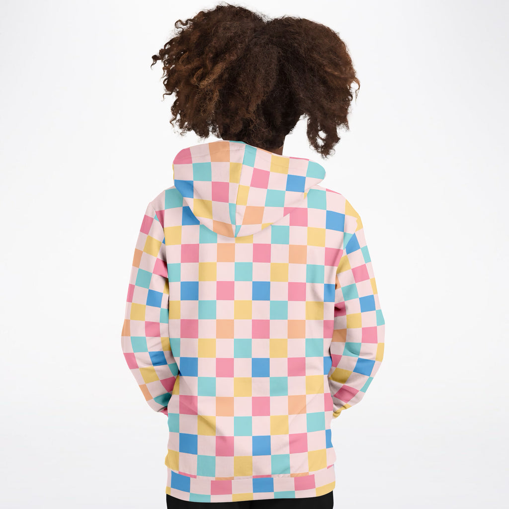 Girls Pastel Rainbow Checkered Hoodie – Ultra Comfy & Stretchy, Cozy Fleece or Lightweight Sports Fabric, Double-Layer Hood & Kangaroo Pocket