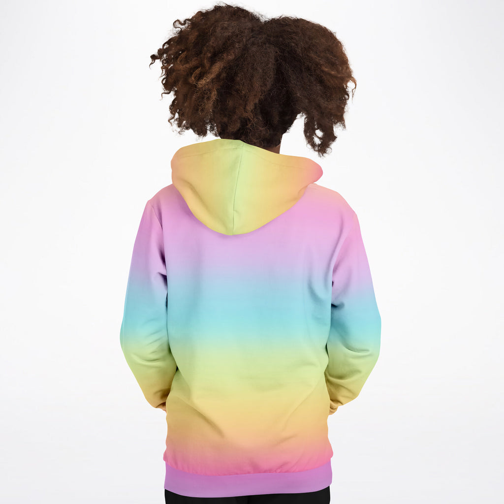 Girls bright rainbow hoodie with soft pink yellow blue gradient made of cozy cotton fleece or lightweight sports fabric