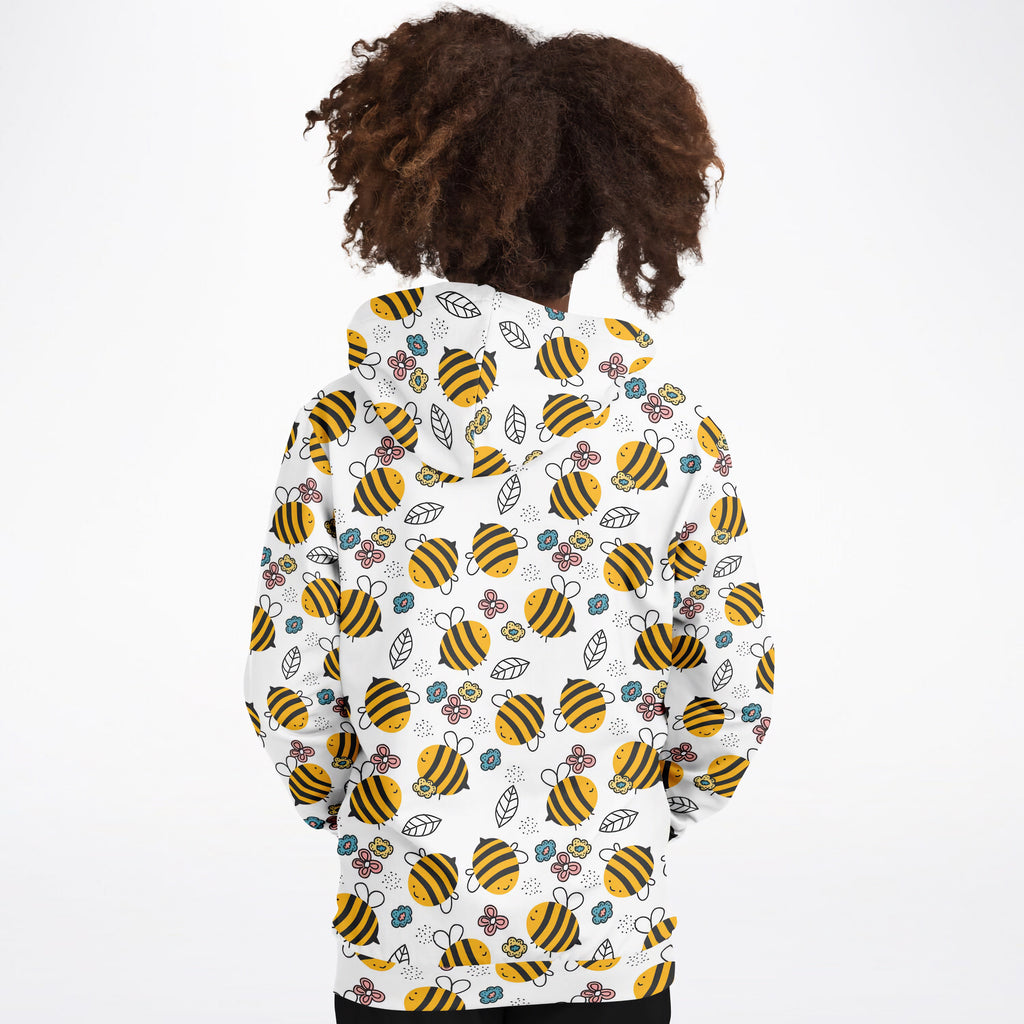 White kids hoodie with yellow and black bee pattern colorful flowers leaves made of cozy cotton fleece or lightweight fabric