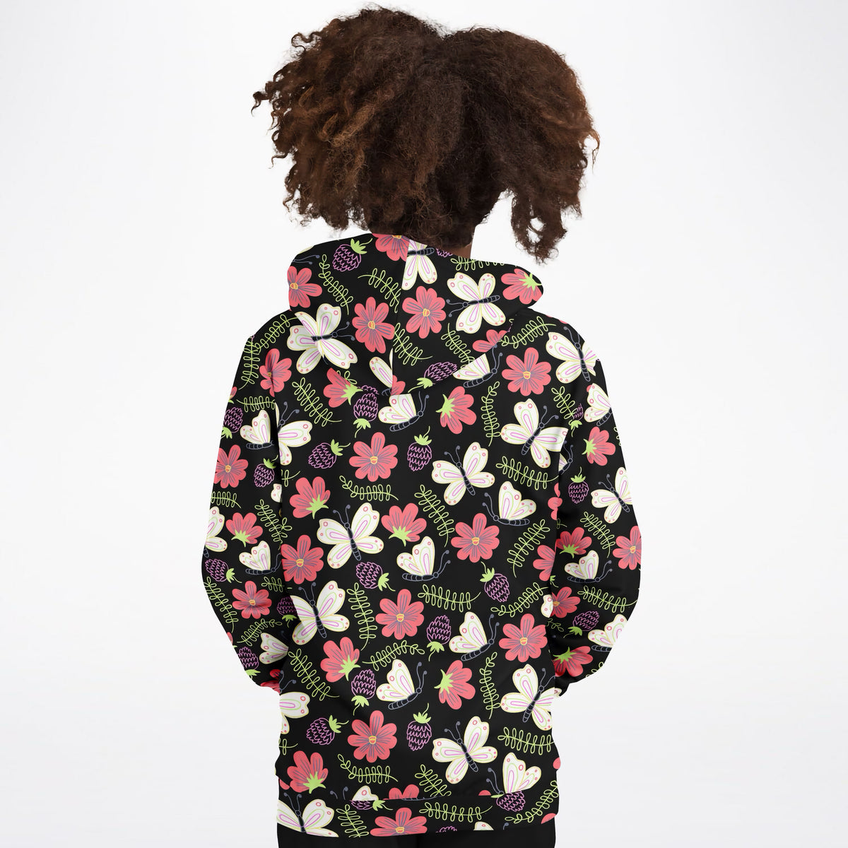 Girls Black Butterfly & Floral Hoodie – Ultra Comfy & Stretchy, Cozy Fleece or Lightweight Sports Fabric, Double-Layer Hood & Kangaroo Pocket