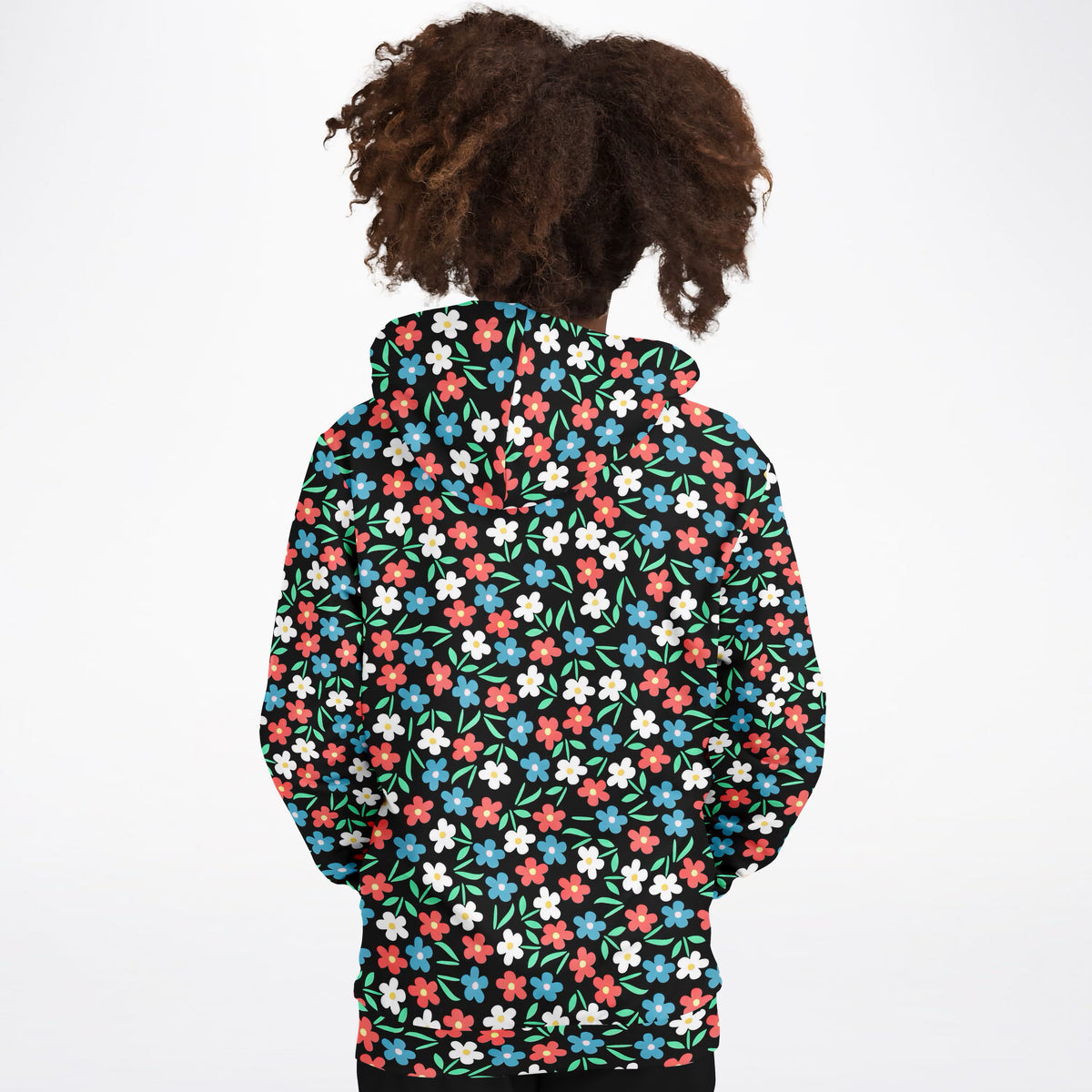 Girls Bright Red, Blue & White Flowers Hoodie – Ultra Comfy & Stretchy, Cozy Fleece or Lightweight Sports Fabric, Double-Layer Hood & Kangaroo Pocket