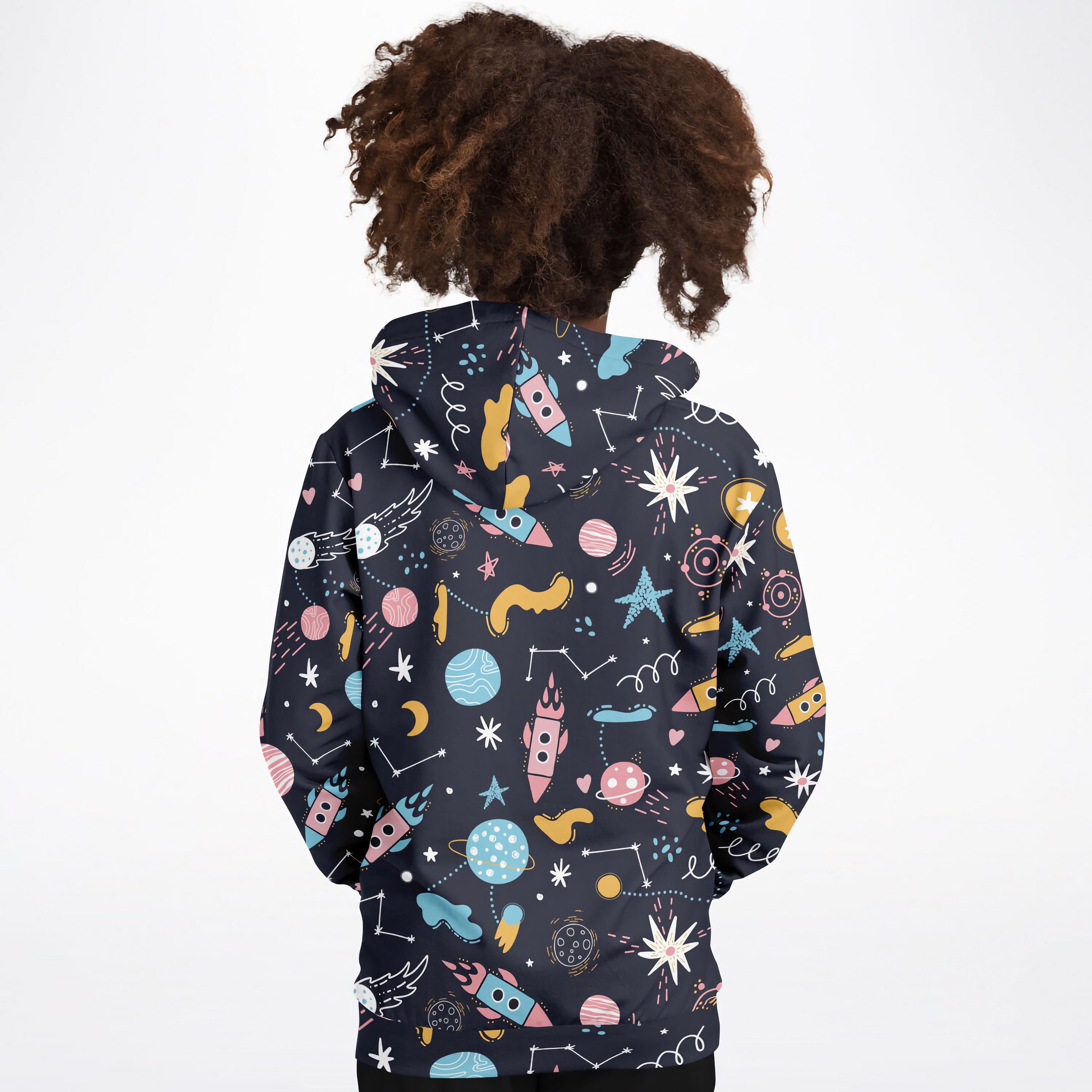 A dark navy kids outer space hoodie with colorful pastel rockets and planets made from cozy cotton fleece