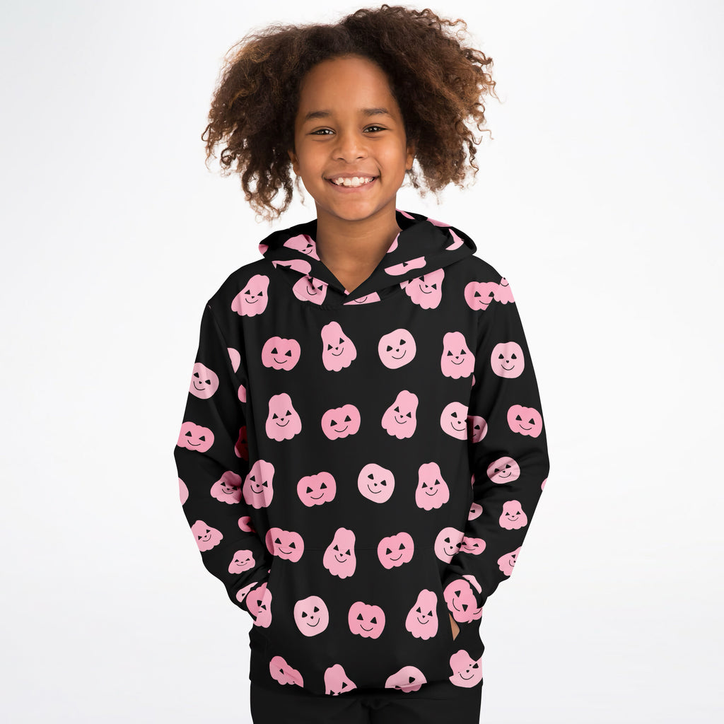 Girls pink pumpkins halloween hoodie in black cotton fleece with pink smiling pumpkin and ghost prints