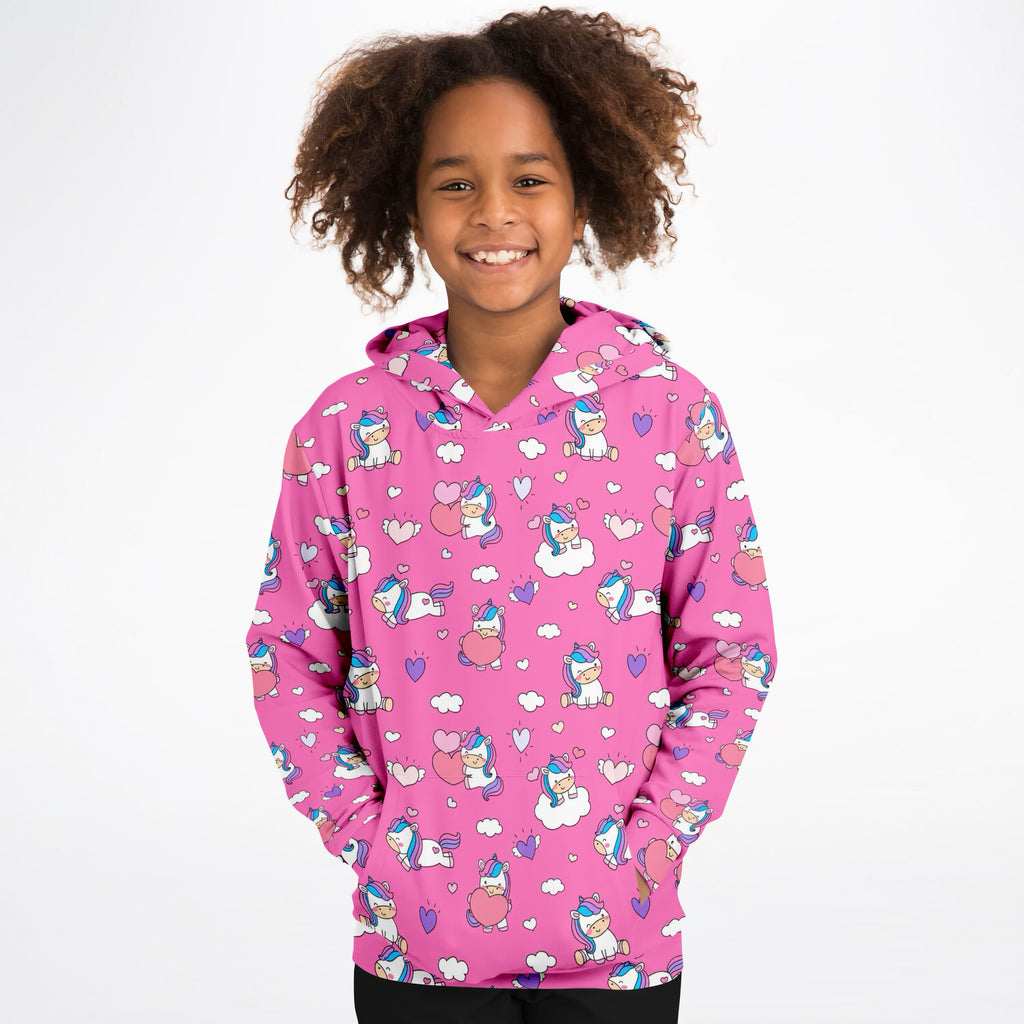 Girls purple unicorn hearts hoodie in cozy cotton fleece with playful cartoon unicorns hearts and clouds pattern