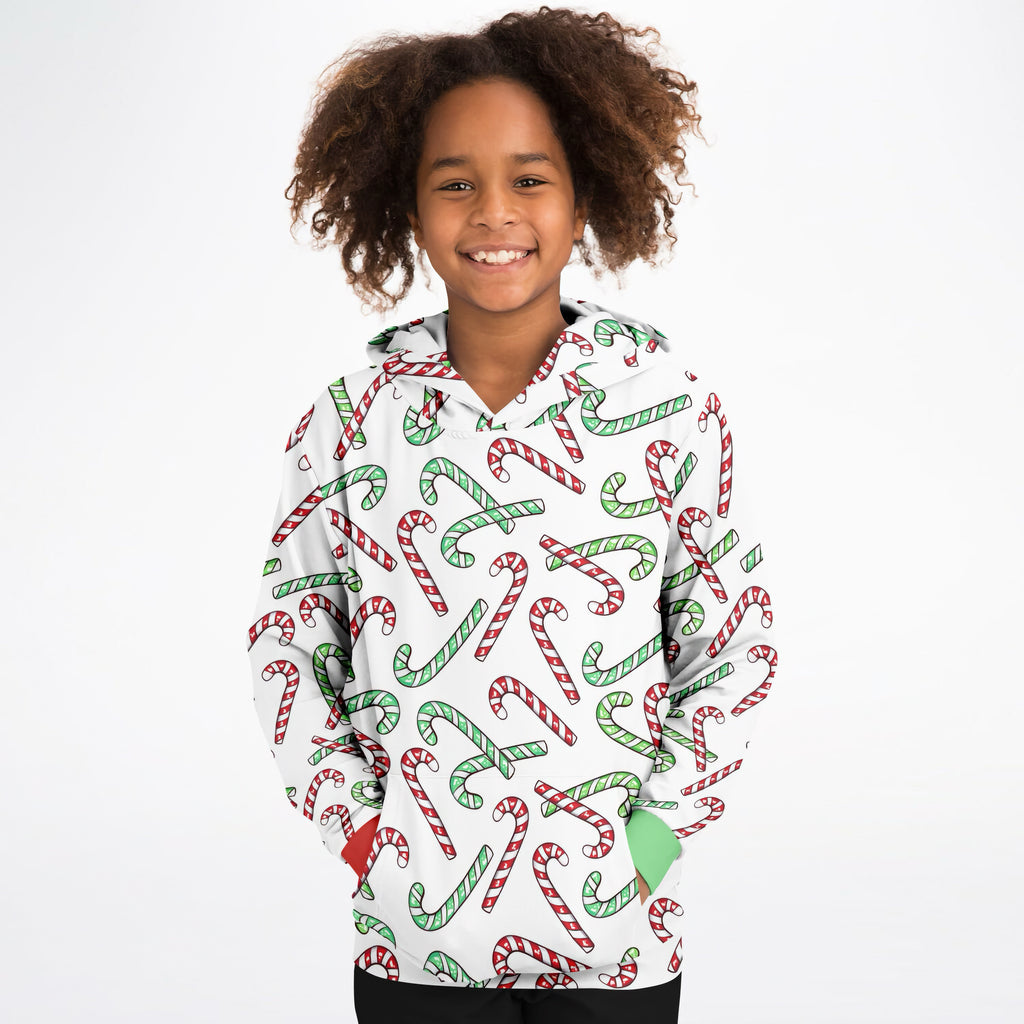 Kids Red & Green Candy Cane Christmas Hoodie – Cozy Cotton Fleece or Lightweight Sports Fabric