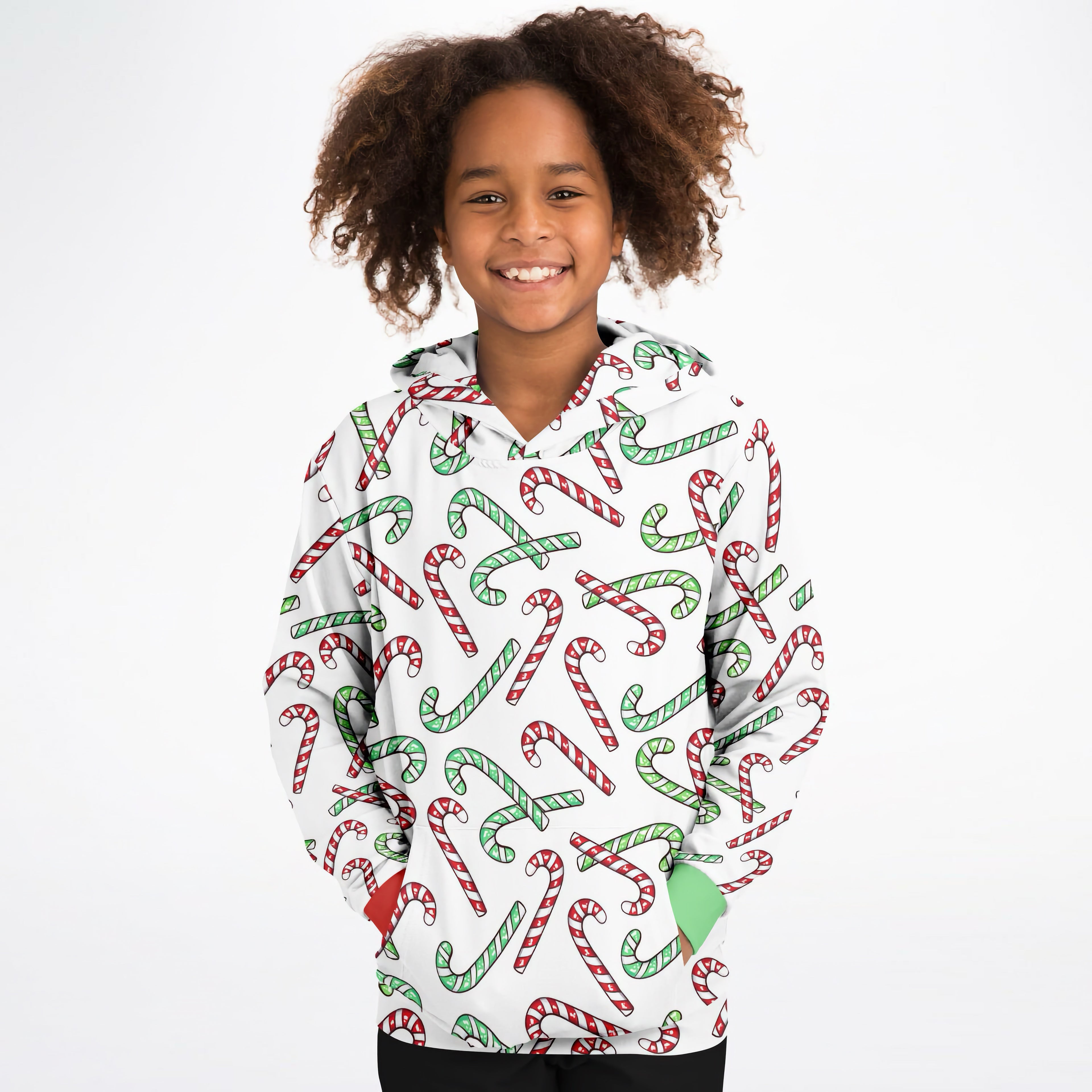 Kids Red & Green Candy Cane Christmas Hoodie – Cozy Cotton Fleece or Lightweight Sports Fabric
