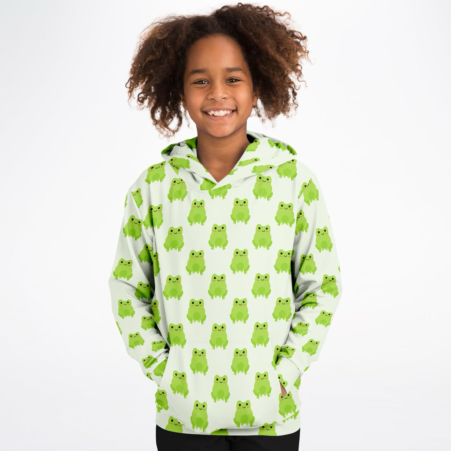 Kids Green Frog Hoodie – Cozy Cotton Fleece or Lightweight Sports Fabric