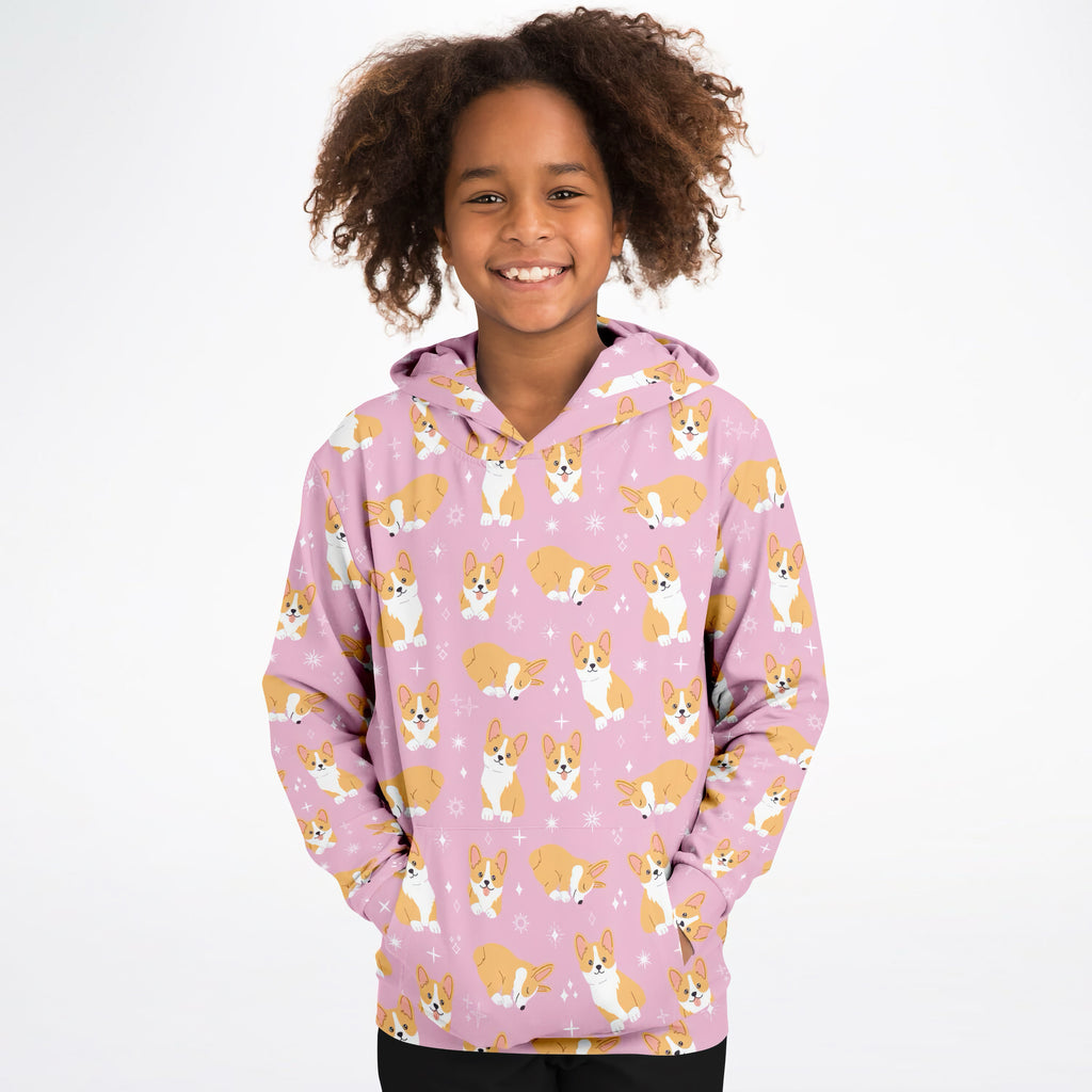 Girls pink corgi dog hoodie with tan and white cartoon corgis and star accents in cozy cotton fleece or lightweight fabric